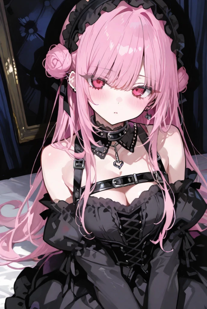 Cool women、sexy、Center of chest、Rize from Chainsaw Man、beauty、Yandere、、Face close-up、Chest tattoo、Red lace、necklace、(look up)、(Pink Hair)、(Angle from the buttocks).(alone)、(black lace mask).((Bunny girl)).