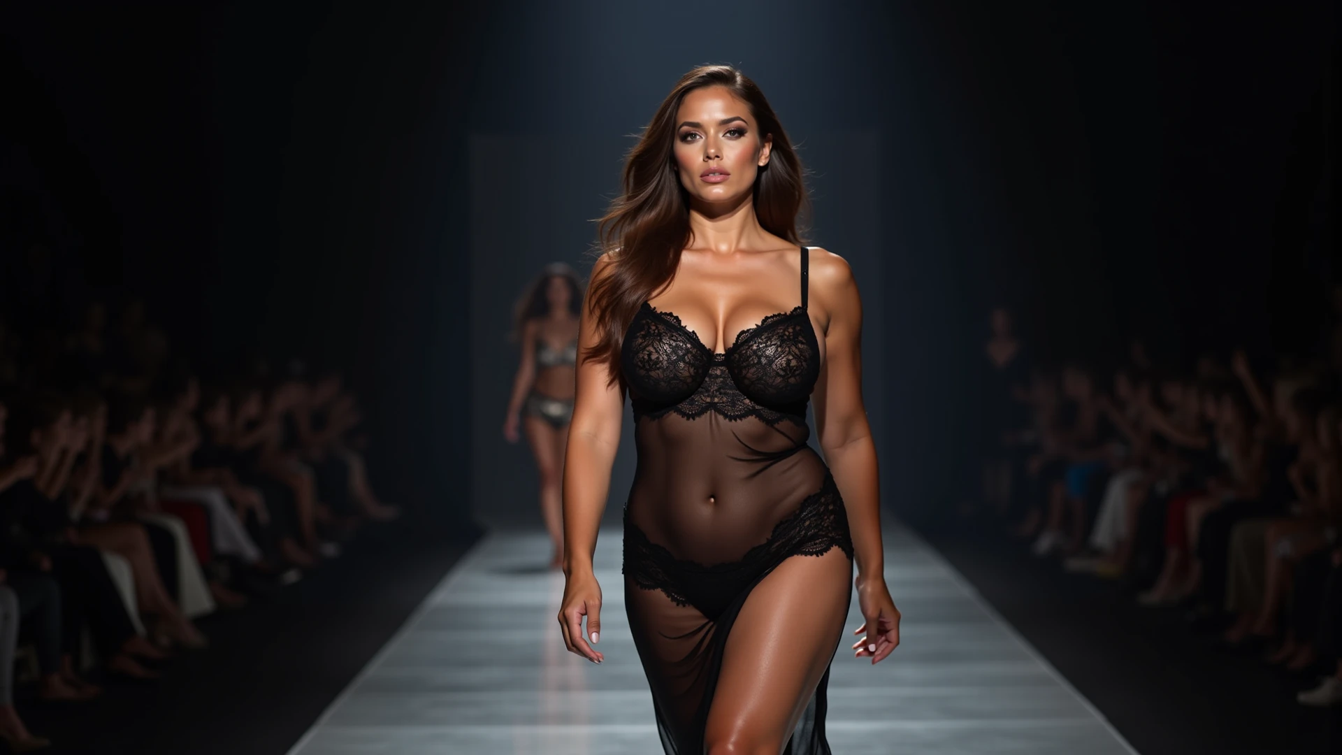 Photo of kim kardashian runway show, dior fashion show, walking towards camera, wearing black lingerie, solo, full body, (large breasts 1.3), hyper detailed, perfect hands, perfect body, detailed hands, looking at viewer, warm atmosphere, photograph, photoshoot, Captured by Panavision Panaflex Platinum Camera with Panavision Primo Primes Spherical Lens 50mm T1.9