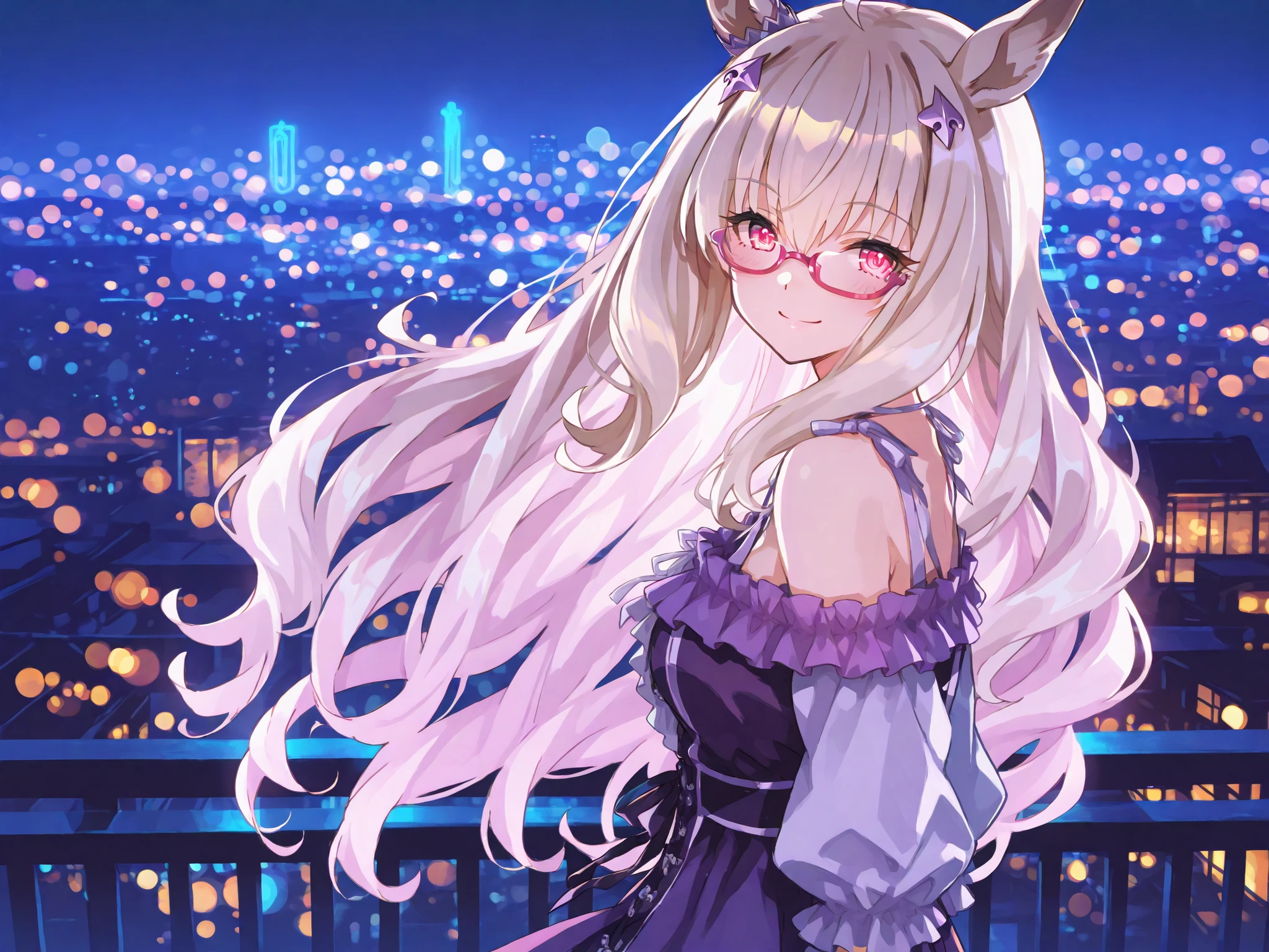 Biwa Hayahide (Uma Musume), casual outfit, smiling brightly, turning back to look at the viewer, night cityscape, glowing neon lights, festive illuminations with bokeh effect, romantic date atmosphere, shallow depth of field, anime style, vibrant colors, highly detailed, cinematic lighting, 4k