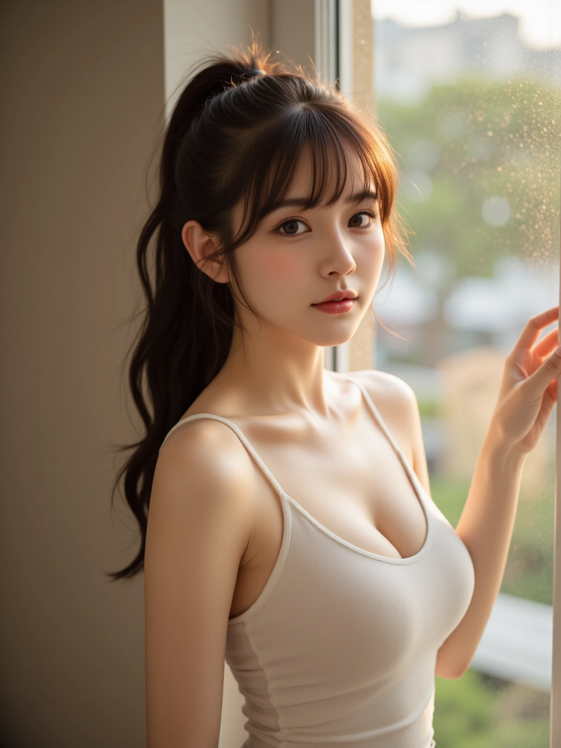 (masterpiece:1.5)、(Realistic:1.5)、(Highest quality:1.4、8K、RAW Photos)、 Ultra-high resolution、Professional Lighting、Perfect dynamic composition、Outdoor Shot、 Film Grain、chromatic aberration、(Bokeh:1.1)、 Frank、Sophisticated、charm、Surreal、High detail、Golden Ratio、 (1 Girl)、Slender girl、繊細でcharm女の子、Cute Woman:1.4、 Serious expression、Looking at the audience、Various poses、 Light brown hair、Shiny Hair、Hairstyle: ponytail、 Realistic looking skin、 shut up.、Beautiful Eyes、double eyelid、Thin a(majestic style, sophisticated and elegant, holy and mysterious:1.2),(wearing sideSlit Tight Long Dress:1.2)), (Mr.々A shot), (Pantyhose-clad legs visible through a side slit), (Ultra-realistic pantyhose:1.3),