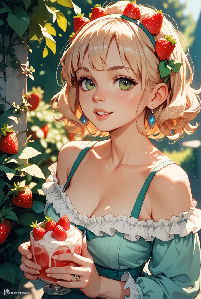* Hair: Blonde and curly, like strands of cotton candy. 
* Eyes: Large and expressive, in a shade of sky blue, like caramel candies. 
* Skin: Pale and smooth, with a slight flush on the cheeks, like fresh whipped cream. 
* Clothes: Colorful and printed dresses, with ruffles and lace, reminiscent of decorated cakes. 
* Details: There may be small details in your hair or clothes that resemble sweets, such as cherry-shaped bows or cupcake-shaped brooches.