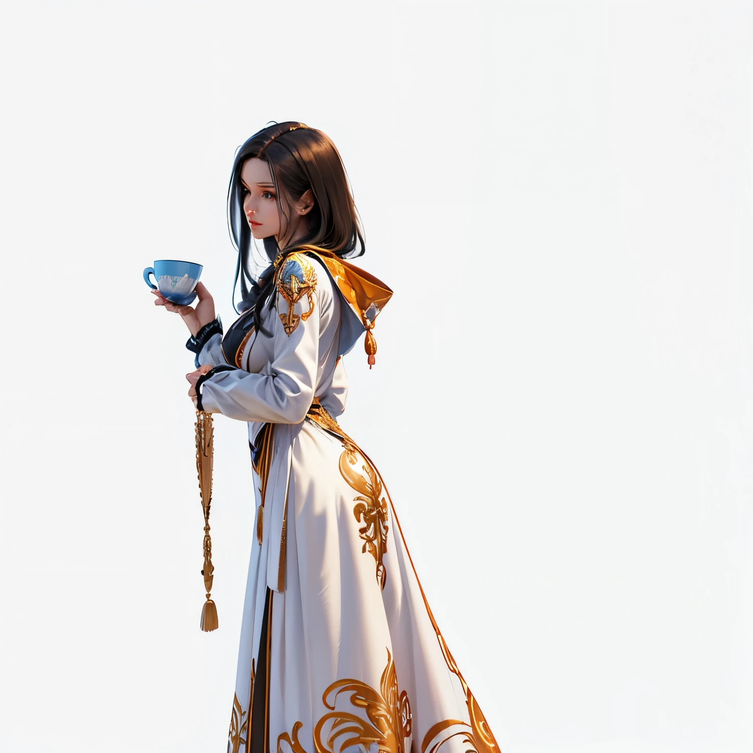 Front view of a woman,Extra large cup, are perfectly detailed,has exquisite facial features, Clothes are exquisite , Game Character Design ,3D Rendering