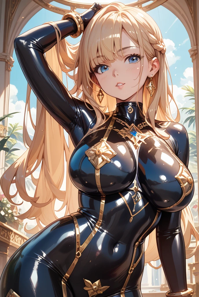 (Crotch)、Open your legs towards the viewer、pretty 1girl, top-quality、The ultra -The high-definition、high resolution、extremely details CG、8K Unit Wallpapers、19 age、Beautiful detailed eyes,large boob、Platinum Blonde Hair,long hair、biomechanical oppai,Grid girl posing on the circuit 、zippers、(Golden Metallic Competition Swimsuit)、(((One piece swimsuit with lines)))、Sleeveless、、(FULL BODYSHOT)、(Shiny body:1.3)、\, blush, Sweat, shy、