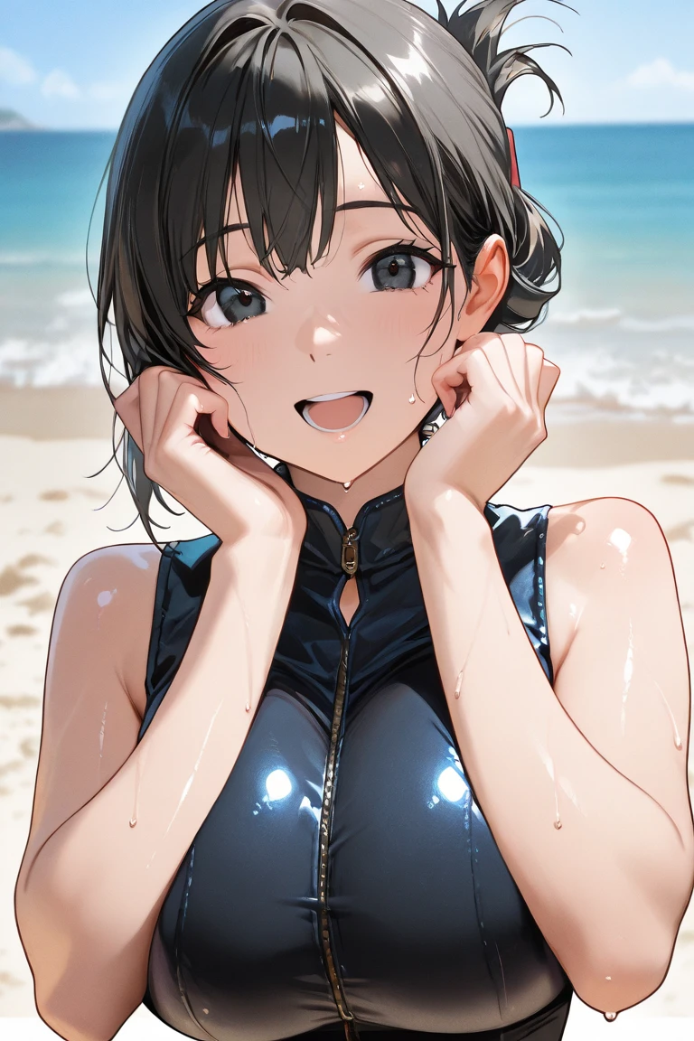 nsfw,uncensored(highest quality,masterpiece:1.3),disorganized,High resolution,16k, 超High resolution, official art,figure,very detailed,anime color,perfect hands, perfect fingers, perfect legs),(cowboy shot,From front), 1 girl, idol master,(marina sawada),20yo,(long straight hair), ((brown eyes)),shiny hair, shining eyes, delicate line tail face, slender,sitting, spread your legs, leaning forward, open your mouth, (smile),(one eye closed),((stick out tongue:1.3)),sit on surfboard, toes, Boot sole,nipple, belly button), (light green rash guard:1.5),(open clothes), (midium breasts), (glowing skin:1.3), (Sweat:1.4), (pubic brown hair:1.5), (open vagina:1.4), (peace sign:1.5),(cum shot:1.3),(bukkake:1.9),(cum on Face:1.5),(cum on hair:1.5),(vaginal penis:1.2), testicle, (a man:1.2), hetero, (lady sit astride on man:1.3), (lady on top,pov), (intense Sex:1.6), ((Midsummer, deserted island, beach, outdoor)),(look at camera),(wink),