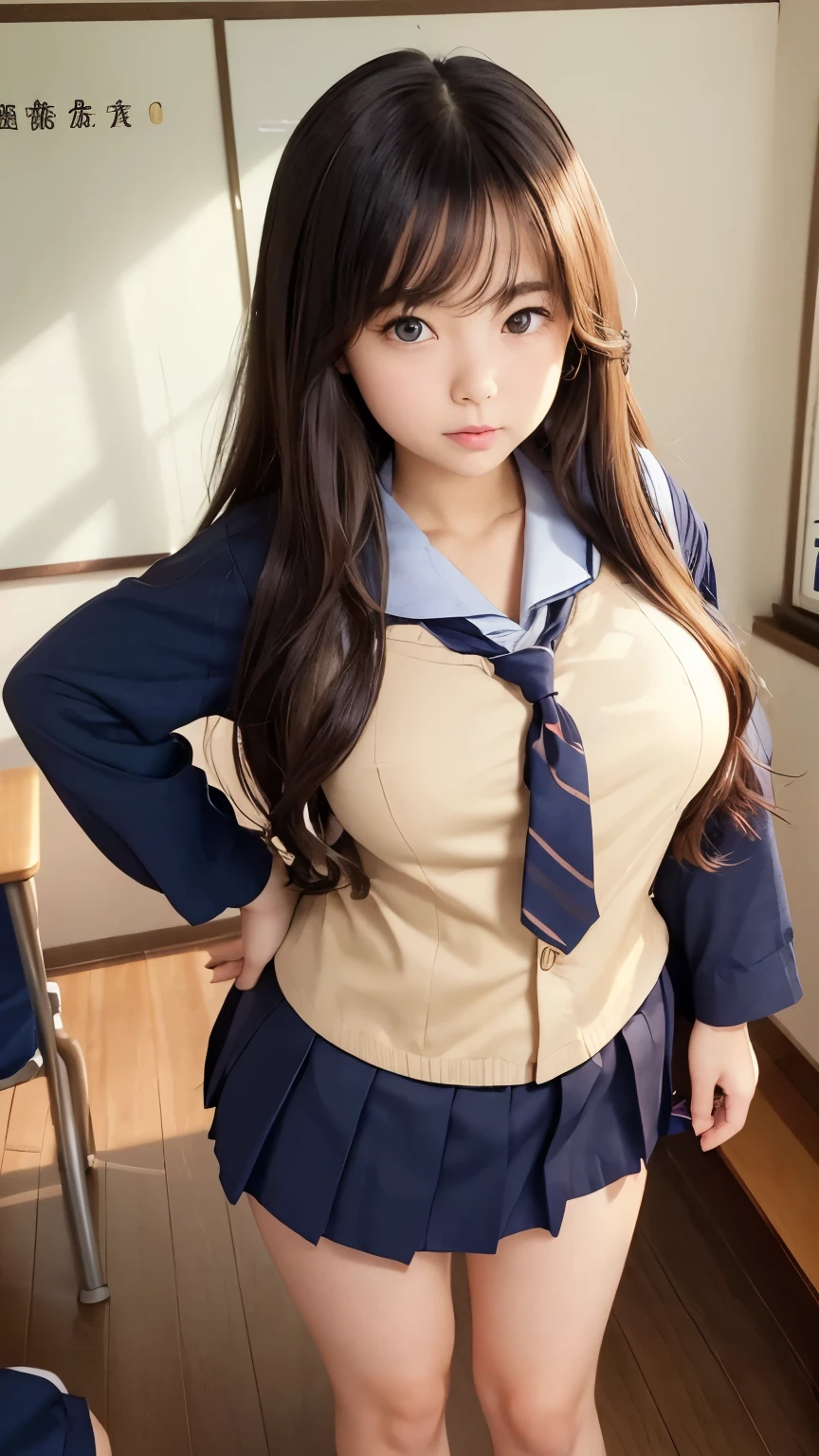 anime (Masou Gakuen HxH), teen lady , sexy (very big boobs), actress (Hayuru Himekawa) , blue eyes , black long hair to hip / past hip length , double braid hair ,school uniform , She is at a beauty salon in the city