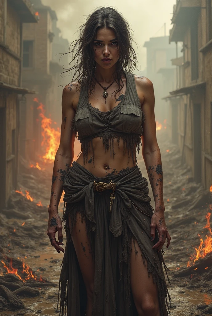 bald woman, with sharp elevations on the skull, yellow eyes, black lipstick, semi new, sexy body, repulsive designs tattooed on their arms and body. Haughty and somber posture conveying malevolence, in a burning village with terrified villagers in the background. cinematic style.