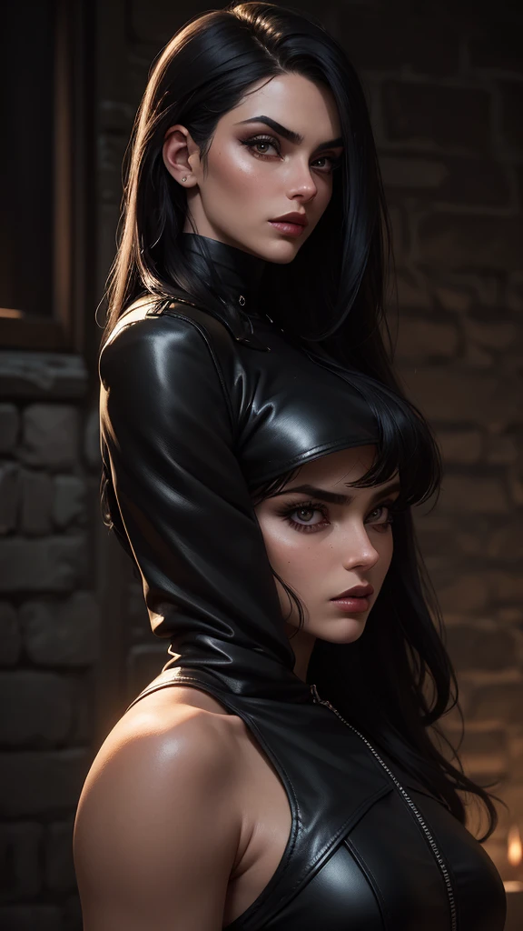 Gothic woman in latex clothing with a powerful gaze