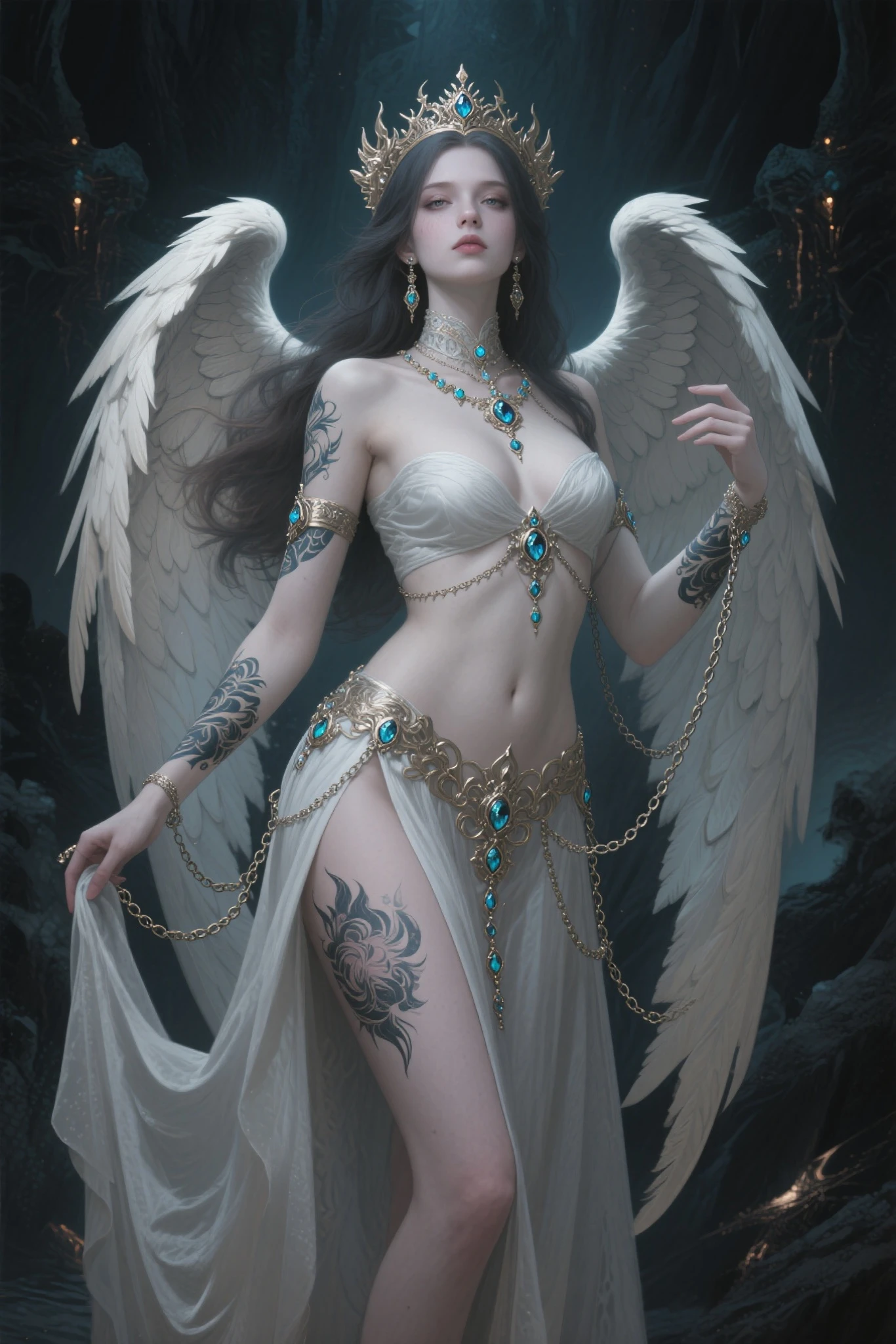 ((best quality)), ((masterpiece)), (detailed), alluring succubus, ethereal beauty, perched on a cloud, (fantasy illustration:1.3), enchanting gaze, captivating pose, delicate wings, otherworldly charm, mystical sky, (Luis Royo:1.2), (Yoshitaka Amano:1.1), moonlit night, soft colors, (detailed cloudscape:1.3), (high-resolution:1.2)
