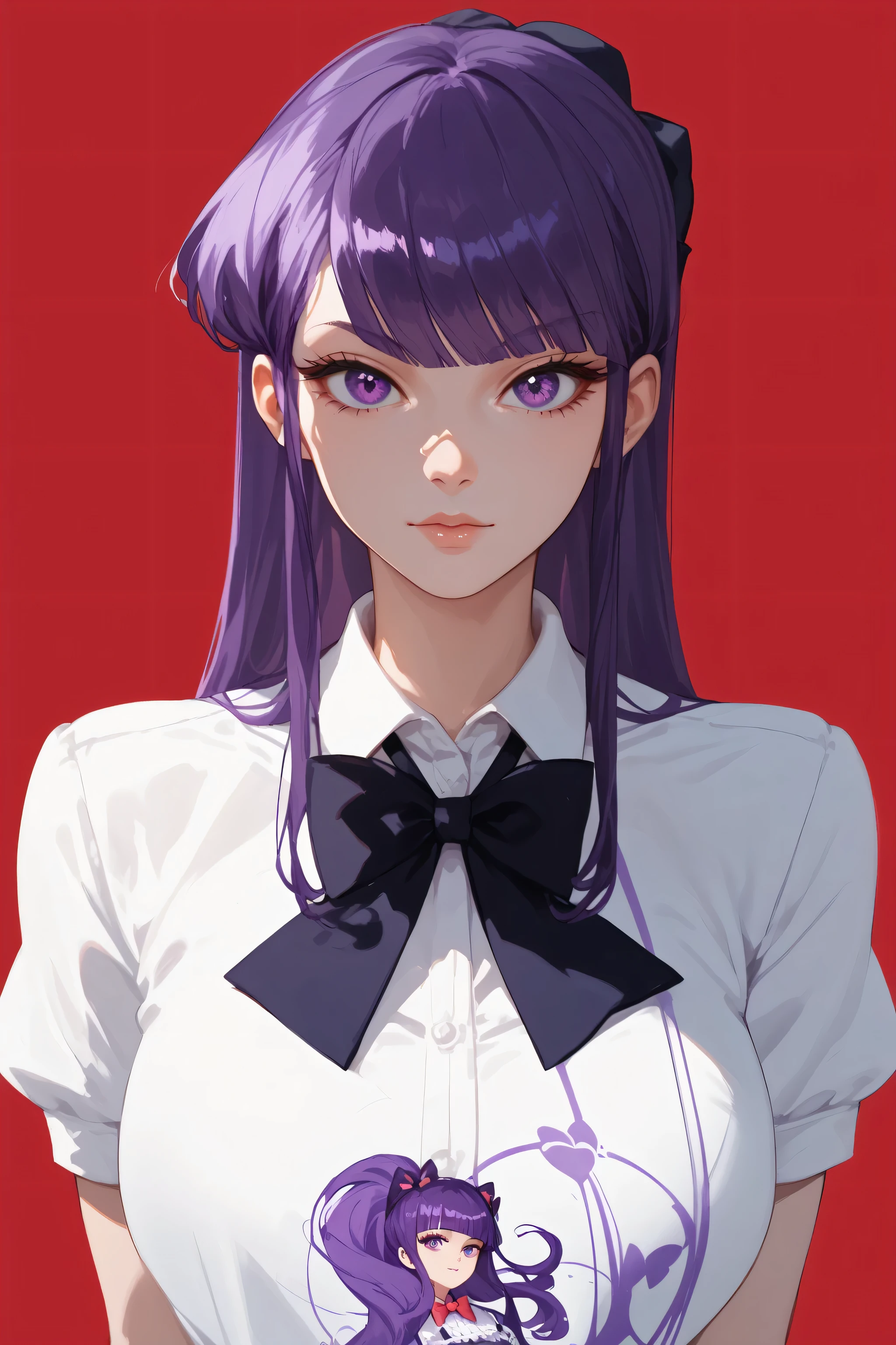red background, dark purple hair, long hair, purple eyes, 1girl, solo, simple background, bow, blunt bangs, bangs, looking at viewer, bowtie, very long hair, upper body, shirt