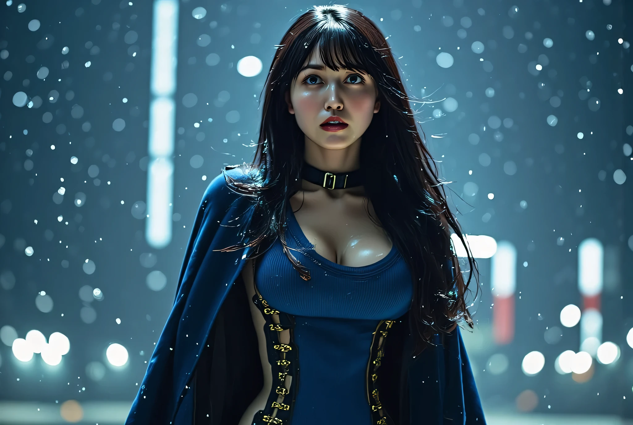 (((On the starry moon:2.0))),(((HR Gigger-style cyberpunk atmosphere:2.0))),(((hold a cyberpunk-style saber:2.0))),standing,((full body:2.0)),one woman,(cute face:1.7),(Beautiful well-balanced face :1.7),((long hair with bangs:2.0)),(wavy black hair:1.5),(beautiful eyes on my stomach:1.3),glamorous shot of a 20-year-old Japanese woman,Beautiful slender body,((model body type:2.0)),((slim body:1.7)),perfect body line,ideal proportions,((big breasts:2.0)),((スリーサイズ90-58-86:2.0)),((F cup breasts:1.5)),Big Breasts,Bare thighs,Sensual Thighs,delicate body,(muscular:1.7),harmonious posture,((Realistic breast depiction :1.7)),carefully depicting limbs based on perfect anatomy,((Near-future、dark blue super high-leg leotard in the style of 16th century musketeers:2.0)),(((Super Hi-leg leotard made of corduroy that fits the body:2.0))),((navy blue cloak with military coat style armor that opens on top of a leotard:2.0)),((Tactical Holster:1.5)),((((Coarse mesh fishnet stockings:2.0)))),Concept Art,(best quality:1.7),(masterpiece:1.7),(超高resolution:2.0),resolution,UHD,(delicate depiction),carefully drawn,32k,((Realistic Skin Texture:1.5)),(((Ultra Realistic:1.5))),carefully draw eyelashes,very detailed face,Highly detailed female hand, Sexy appearance ,Extremely Sensual,(Blurry Dim Backgrounds :1.5),Professional Photography,(movie lights:2.0),((Blade Runner style lighting:2.0))