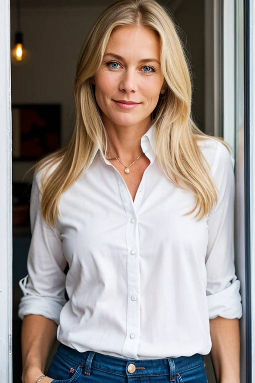 Nancy wears a white buttondown shirt and jeans. closeup face portrait  <lora:TheShallows:0.9>