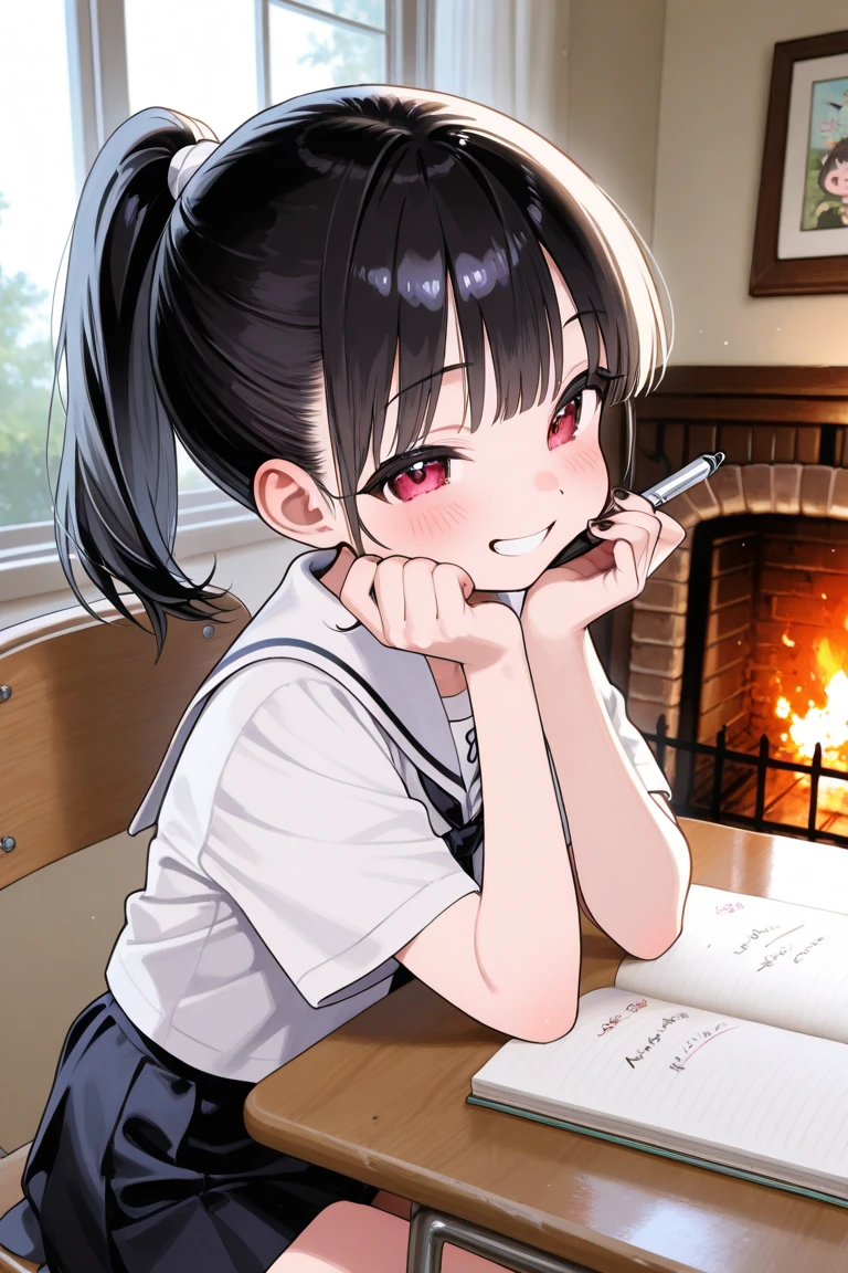masterpiece、Highest quality、Very detailed))、One girl、Black Hair、Black Hair、twintails、blunt bangs、Grey Eyes、evil smile、((Grin))、((Small breasts))、((gray sweater vest))、((gray plaid skirt))、((stripe panties))、Cowboy Shot、((bent over))、((Turning your butt off))、((Pretend))、((Shoot from behind))、Bedroom Background