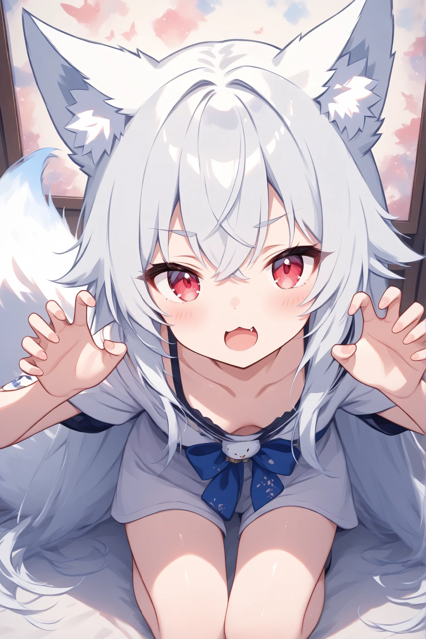 thin and soft painting style 、White fox girl 、 grey hair、 Smooth Long Hair 、 fox ears、 fluffy fox tail 、Ruby Eyes、squint、cute、claw pose