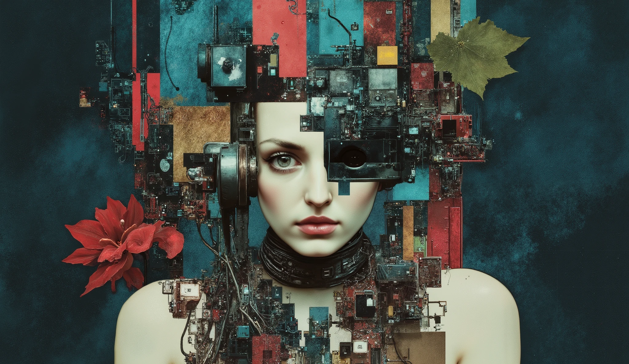 a digital illustration inspired by H.R. Giger, depicting an industrial machine integrated with a humanoid figure, connected by complex cables and wires, in Electric Blue, Wheat, Khaki (HTML/CSS), Dark Candy Apple Red, Blood Red tones, with a melancholic expression, soft diffused lighting, and a dystopian atmosphere --v 5 --stylize 1000