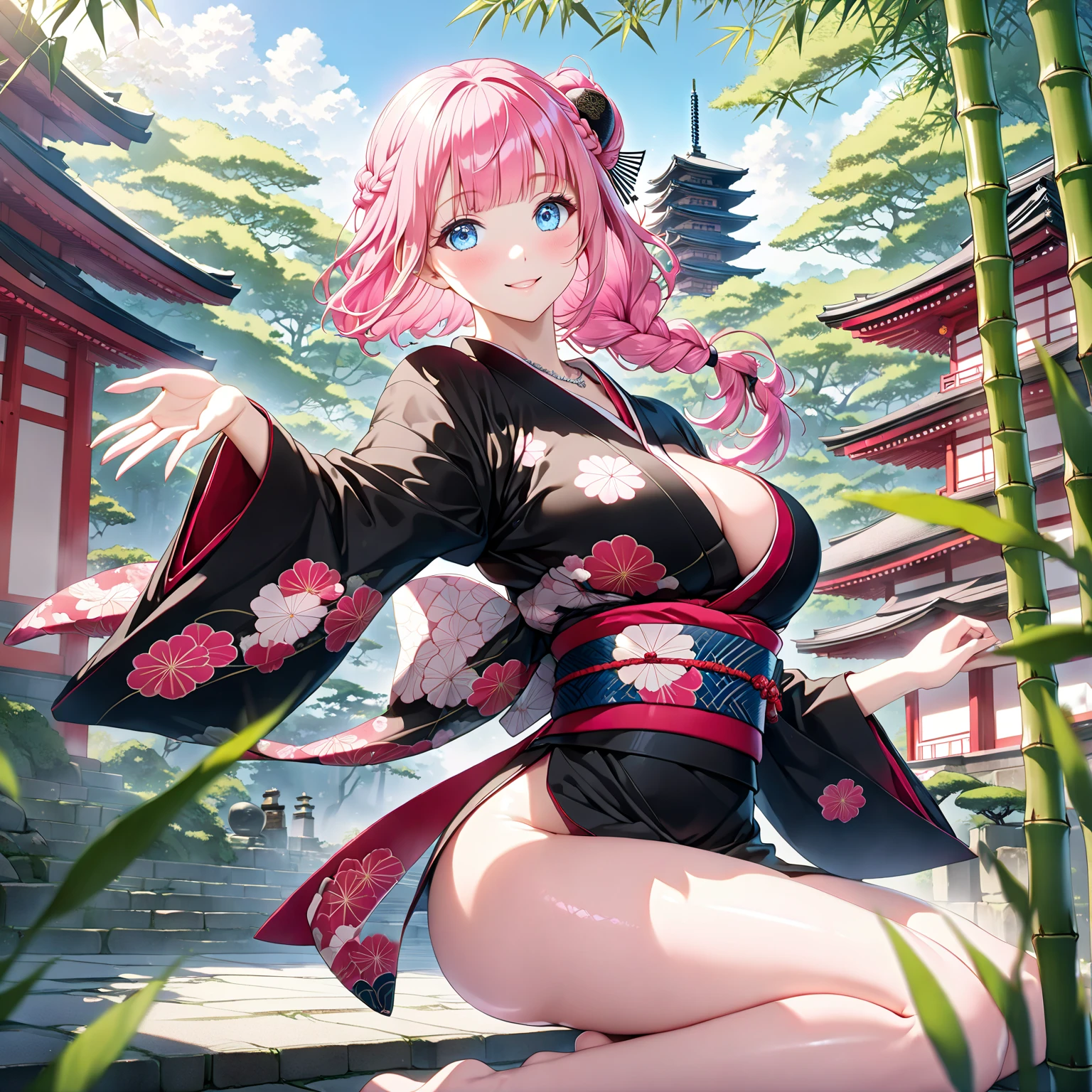 masterpiece、best、Hi-Res、1 female、(A pink-haired:1.2)、Very long hair、Asymmetrical hair、Floating hair、blindfolds、High Ponytail、side locks、hair adornments、Fish hair ornament、tassels、Kanzashi、bangss、Blue eyes、Beginning、ssmile, tusk, Only the upper teeth, a choker, a red choker, Pendant Choker, Butterfly Choker, 鎖骨, The tattoo, Chest Tattoo, Flower tattoo, cleavage of the breast, middlebreasts, thighs thighs thighs thighs, bandaged, Bandaged Legs, sarashi, Budget Sarashi, Breast sarashi, Black sash、 Hadanugi Dosa 、 Broomstick 、 Komono 、 Kimono 、 Drawstring 、 Obi 、 Obiage 、 Obi tightening 、 Orange kimono 、 Drawstring 、 Patterned kimono 、 noose 、 Obi 、 Shimenawa 、 Short kimono 、 Piece bare shoulders 、 phantom(Genshin) 、 East Asian Architecture 、cherry trees, full body Esbian, sparkler fireworks, natta, sparklers, sparklers, open one's legs, an legs, single glove, Single fingerless gloves, wristbands, Black socks,