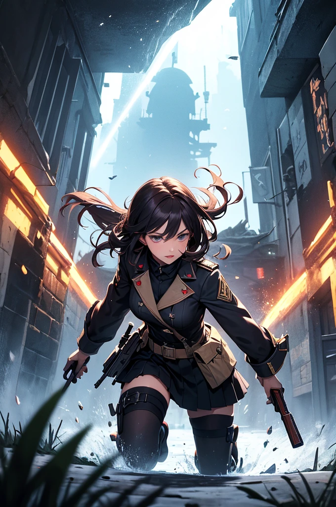 masterpiece, best quality, 1girl, green eyes, brown hair, mechanical legs, raincoat, black gloves, red coat, raining, sky, ruins, rifle, headset, rubble, android, long hair, halo,