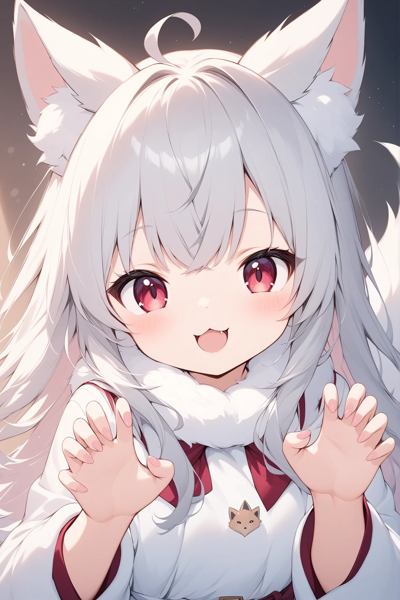 thin and soft painting style 、White fox girl 、 grey hair、 Smooth Long Hair 、 fox ears、 fluffy fox tail 、Ruby Eyes、squint、cute、claw pose