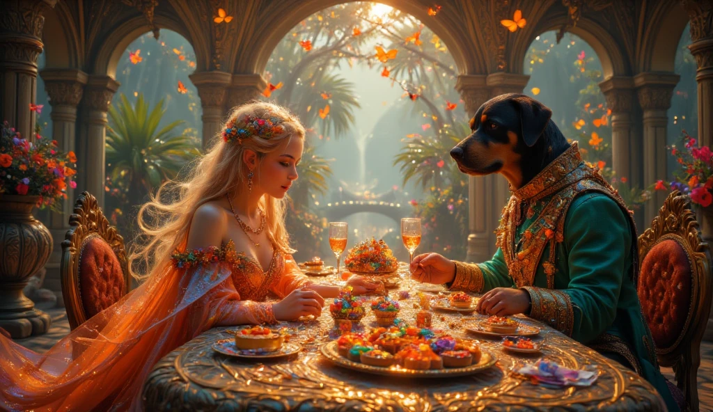 A vibrant, high-fantasy movie scene set in a dazzling, sunlit grand dining hall bursting with whimsical charm, its walls adorned with colorful, hand-painted murals of dancing fairies and blooming magical flora. At the heart of the scene, a radiant royal woman with luminous golden hair woven with tiny, glowing firefly-like orbs and warm, sapphire-blue eyes sits at a sprawling, intricately carved table made of enchanted rosewood, gleaming with inlaid mother-of-pearl. Her flowing, iridescent gown shimmers in hues of lavender and coral, embroidered with playful patterns of stardust and vines, exuding an air of joyful majesty. Beside her stands a friendly Rottweiler butler, an anthropomorphic canine with a glossy black-and-tan coat, twinkling brown eyes, and a wide, endearing grin, dressed in a dapper, emerald-green tailcoat adorned with golden paw-print buttons. With a cheerful wag of his tail, he serves her a sparkling goblet of effervescent starberry wine and a platter piled high with fantastical treats—glitter-dusted cupcakes, rainbow-hued fruit tarts, and glowing jelly blossoms. The hall is alive with a fun, festive ambiance: floating lanterns pulse with soft pastel lights, a gentle breeze carries the sweet scent of candied petals, and a distant lute plays a lively, enchanted melody. Beyond the table, massive arched windows reveal a vibrant Bali-inspired tropical garden bathed in golden sunlight, with jewel-toned butterflies flitting among oversized, magical flowers. The scene is hyper-detailed, with photorealistic textures—the Rottweiler’s silky fur, the gown’s shimmering fabric, the table’s polished wood, and the delicate fizz of the wine—all rendered in a bright, cinematic style with a soft depth-of-field, capturing a blend of regal splendor and infectious, fantastical fun.

