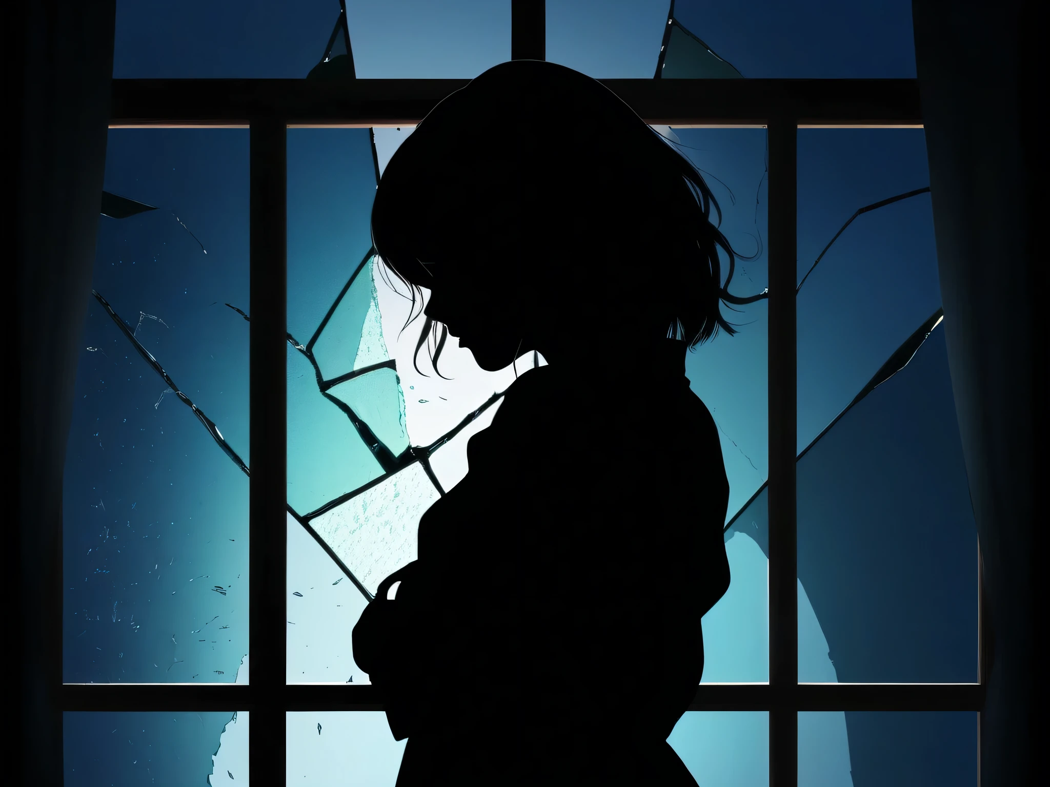 Broken glass windows。Broken Heart。Female student silhouette。sorrow。illustration style。