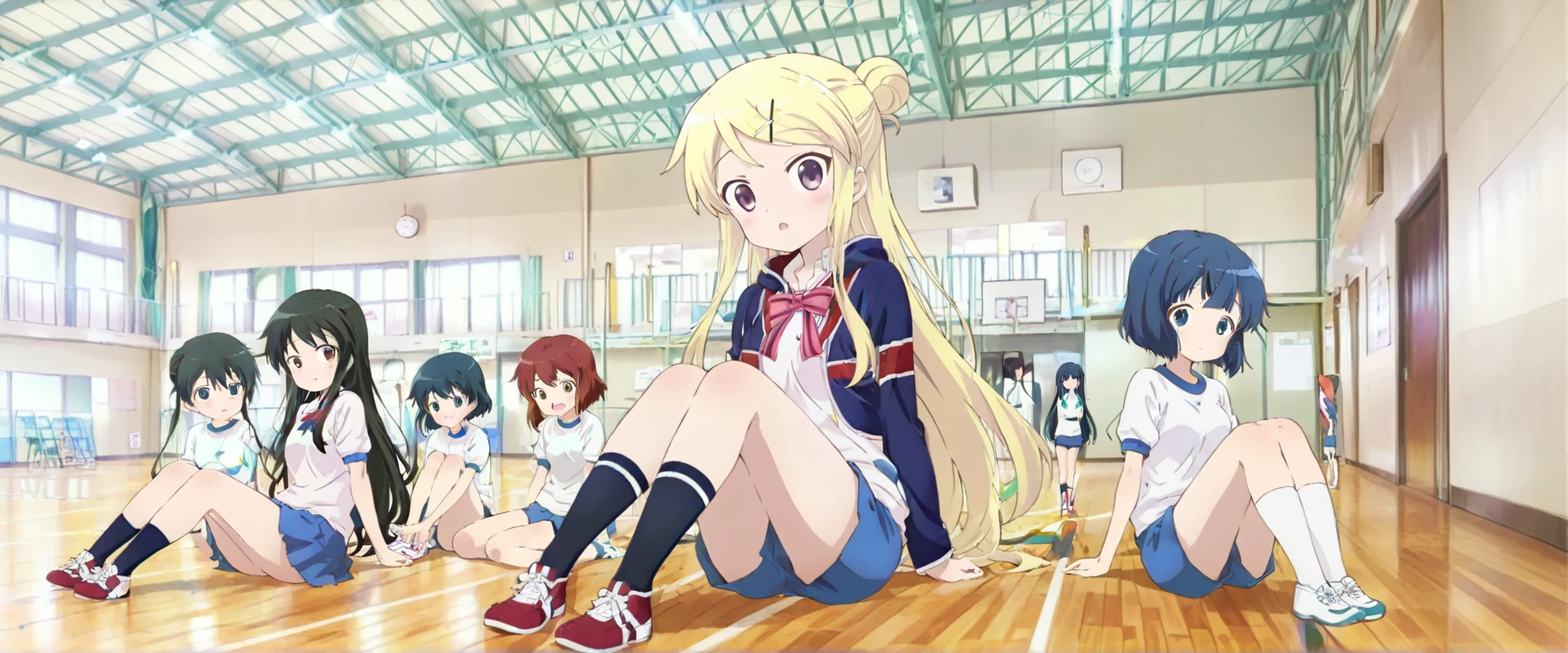 1girl,Kujou Karen
very long hair,blonde hair,single hair bun,hairclip,x hair ornament,sidelocks,side swept bangs,black eyes
kin-iro mosaic high school uniform,black jacket,cropped jacket,white shirt,collared shirt,pink bowtie,neck ribbon,pink ribbon,long sleeves,small breasts,miniskirt,blue skirt,black socks,red footwear,sitting on the floor grasping one's knees (as in a gym class),score_9, score_8_up, score_7_up, rating_safe, masterpiece, best quality, absurdres, unity 8k wallpaper, official art, official style, source_anime, uncensored, game cg, megami magazine,taiikukan, indoors, sportswear, multiple girls, indoors, photo background, shorts, 6+girls, ceiling light, black hair, ceiling, stage, wooden floor, gym uniform, sportswear,Gymn4s3,,masterpiece,best quality,amazing quality,