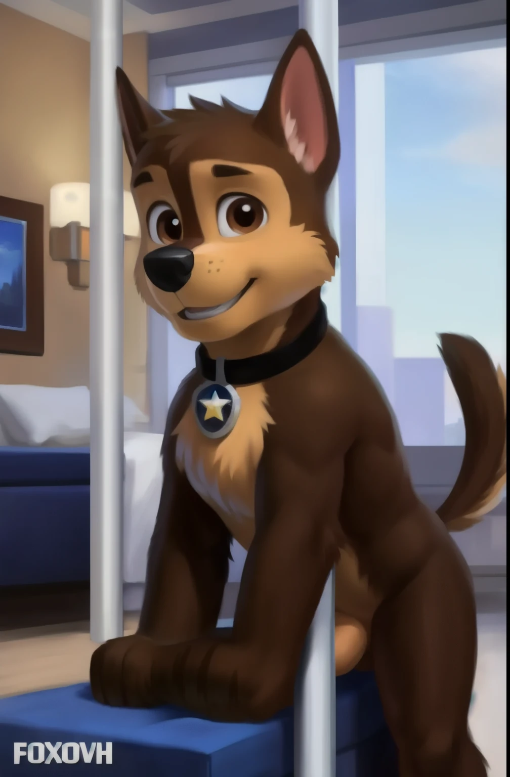 Chase with greased white jockstrap with detailed fluffy fur texture, impasto impressionism (by foxovh, ross tran, michael garmash, pino daeni, iskra), detailed eyes, highly detailed pupils, solo, furry, anthro, Chase-pp, dog domestic, man, brown eyes, brown fur, light brown body, fur body, completely naked, detailed fluffy fur texture, curvy, in white jockstrap, oiled, apartment interior background, day, 1 adult, smile,