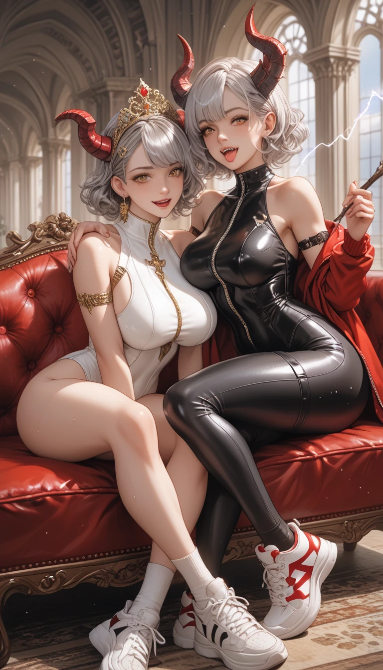 8k, masterpiece, best quality, highly detailed, 1 girl, tiefling, warlock, multicolored hair, very short straight hair green highlight hair on white hair, strippled hair, wearing glasses, round glasses, earrings, red eyeshadow, long eyelashes, navel piercing, blushed cheek, red lips, necklace, rings, collarbone, mole, glamorous, purple and teal clothing, villainy, smirk, seductive face, close up view, rings, looking at viewer, demon horns, solo, royal dress, black lace gloves, fur coat, palace, blue pale moon, sitting on throne, crowned.
