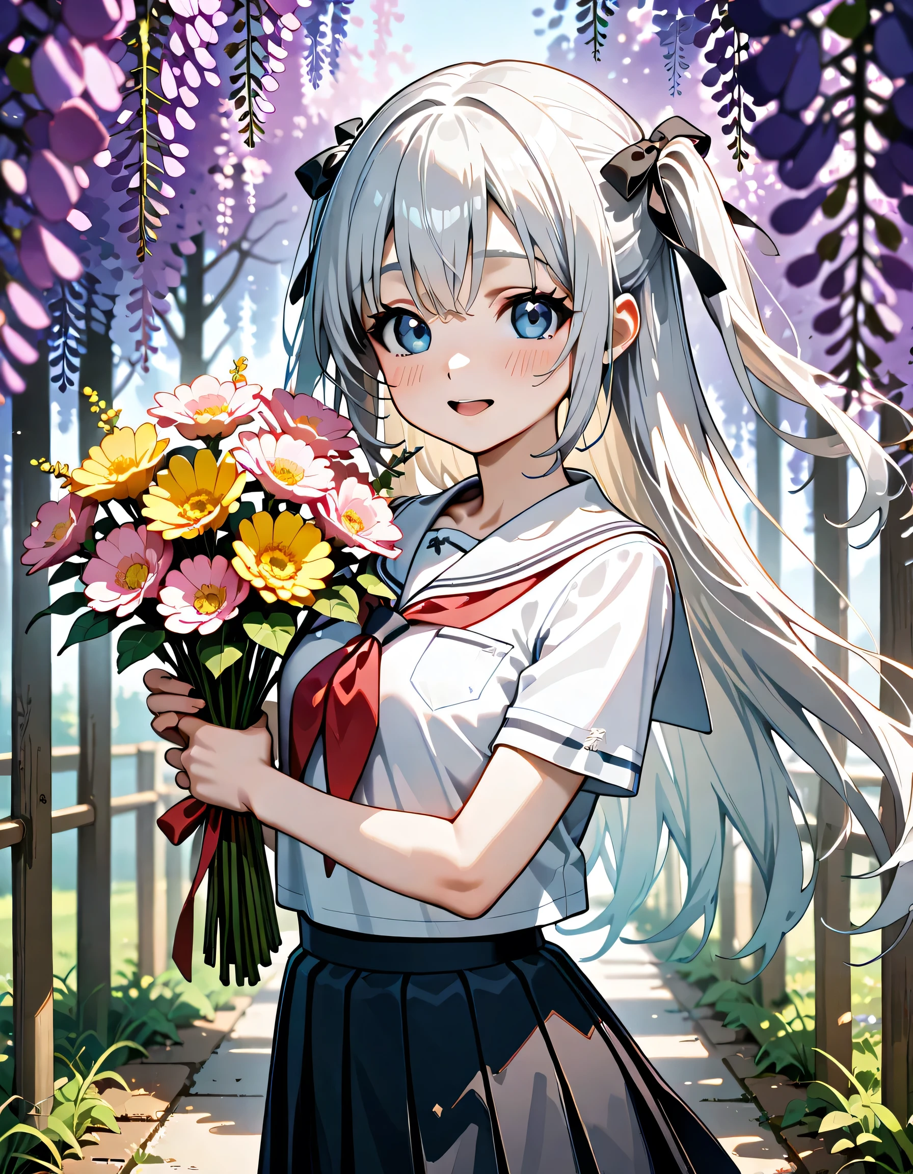 (score_9, score_8_up, score_7_up), source_Anime, absurd_res, white, blue, black, 1girl, solo, upper body, super fine illustration, an extremely delicate and beautiful, best quality, masterpiece, 8K, spring setting, wisteria flowers, gentle breeze, sunlight filtering through trees, long silver hair:1.3, two side up:1.2, blue eyes, hair ribbon with black, ample breasts, white sailor school uniform:1.3, red tie, black pleated skirt, ultra-beautiful girl, fluttering hair, blushing faces, smile:1.2, embarrassed reaction, holding a purple biggest bouquet:1.3, looking viewers, dynamic pose, contrapposto pose, soft fabric movement, fluttering petals, warm and bright atmosphere, soft lighting, delicate color palette, detailed clothing folds, flowing hair, lively spring vibe, highly detailed rendering, breathtaking composition,