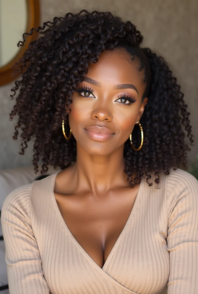 (masterpiece), best quality, expressive eyes, perfect face, highest quality, (masterpiece), best quality, expressive very dark brown skin, 29-year-old Black American woman, mental health professional, brown eyes, yandere, Sisterlocks hairstyle, cute pose with full body visible