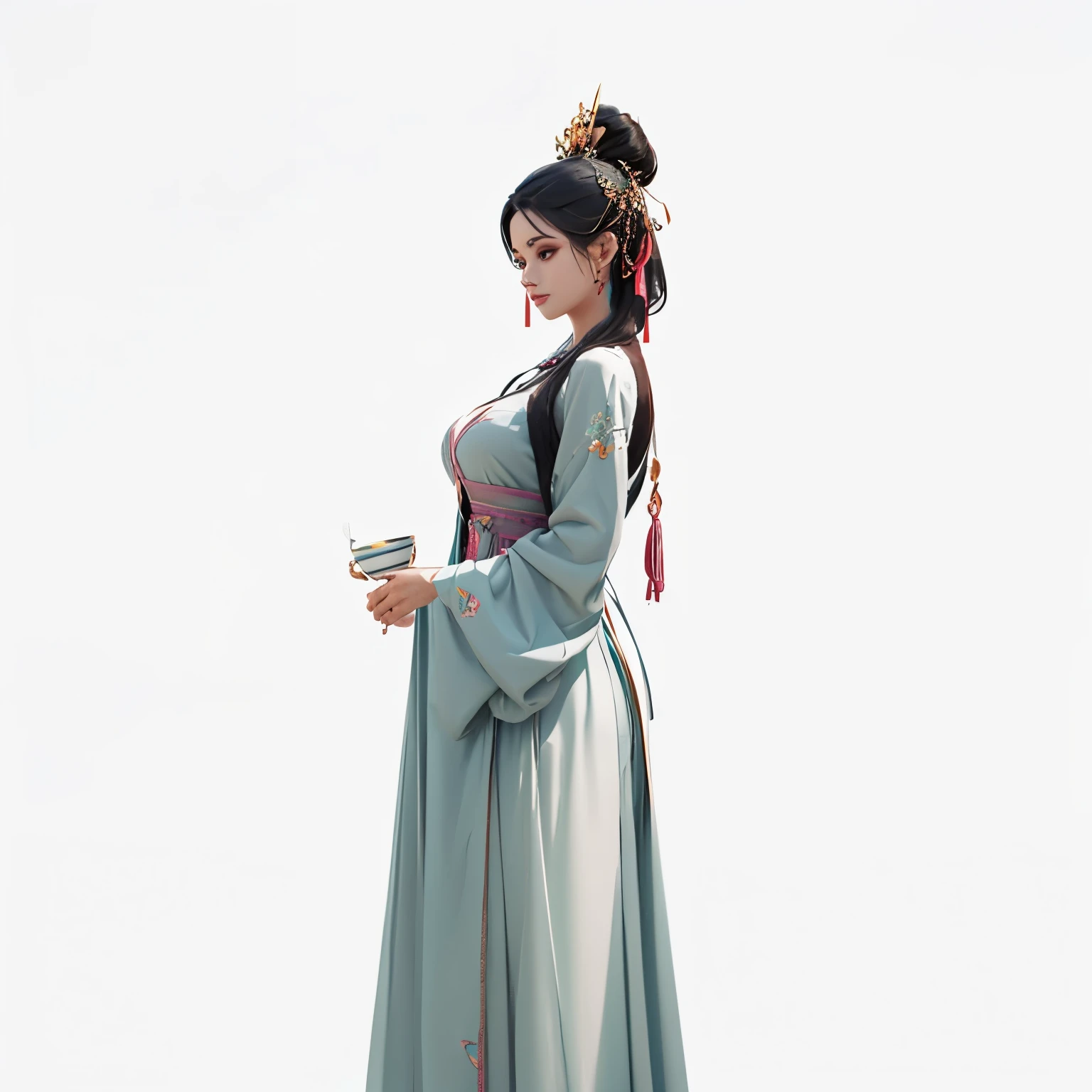 Front view of a woman，Extra large cup， are perfectly detailed，has exquisite facial features， Clothes are exquisite ， Game Character Design ，3D Rendering