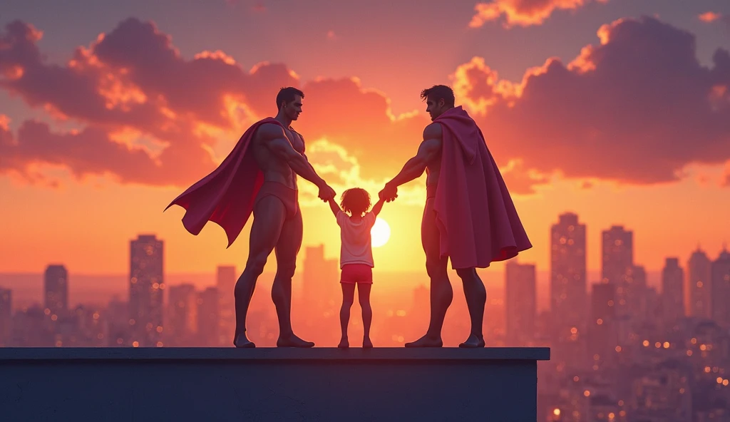 Silhouette of a father playing with his two boys aged 13 and 10.
