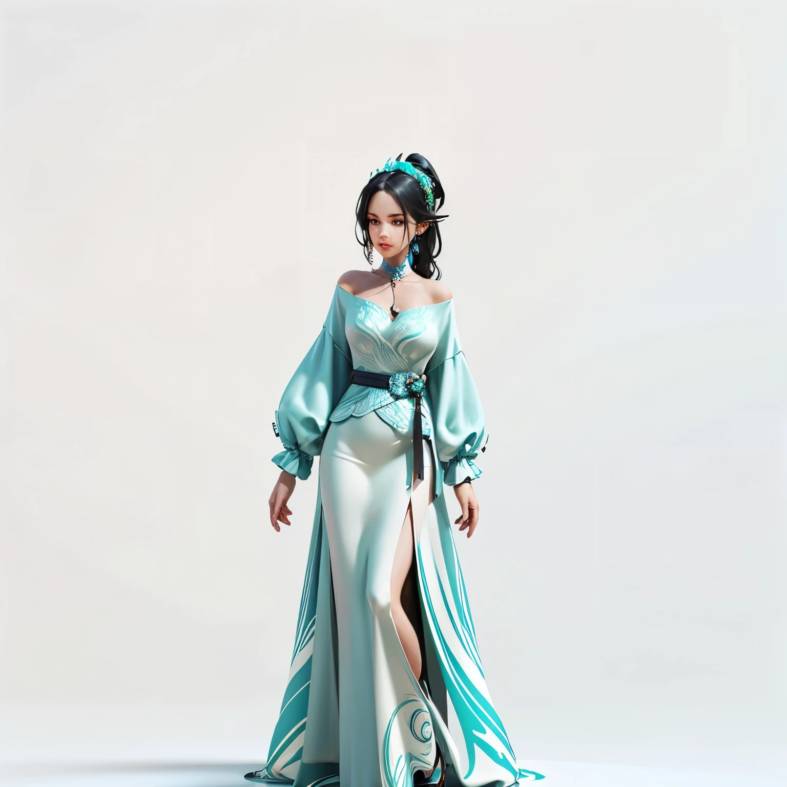  front view of a woman ，The extra large cup，   are perfectly detailed ，has a delicate facial contour， Beautifully dressed ， game character design ，3D Rendering