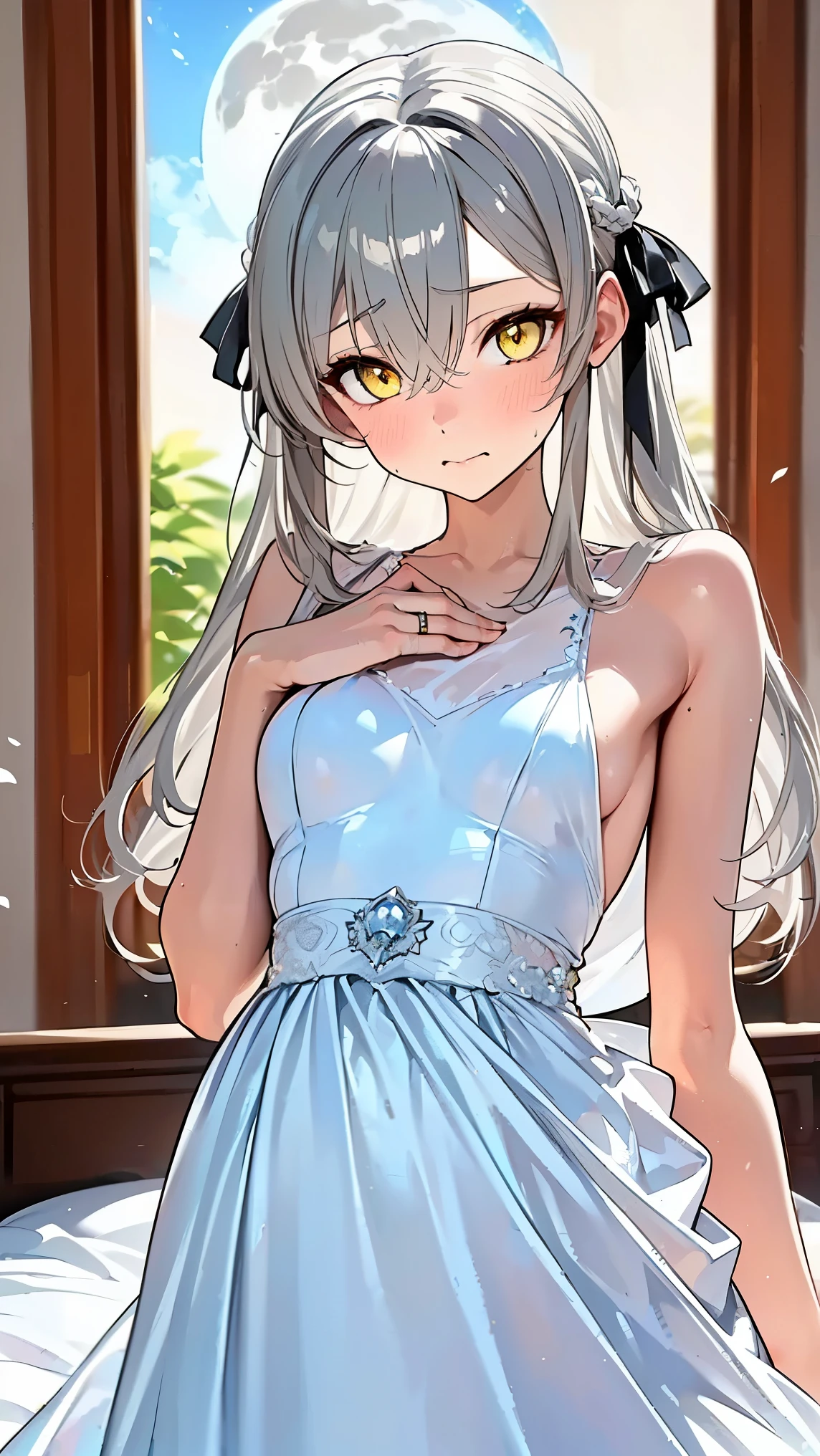 8K (high resolution) (Super Detail) (masterpiece) (best quality) detailed eyes detailed face detailed hands Delicate hair detailed wrinkles on clothes very elaborate body standing across a window fine skin (solo) early yellow eyes (Grey Hair) long hair red ribbon on the side of the head ( small ) flushed cheeks embarrassing expression wedding dress sit on the bed Under the Moon see here