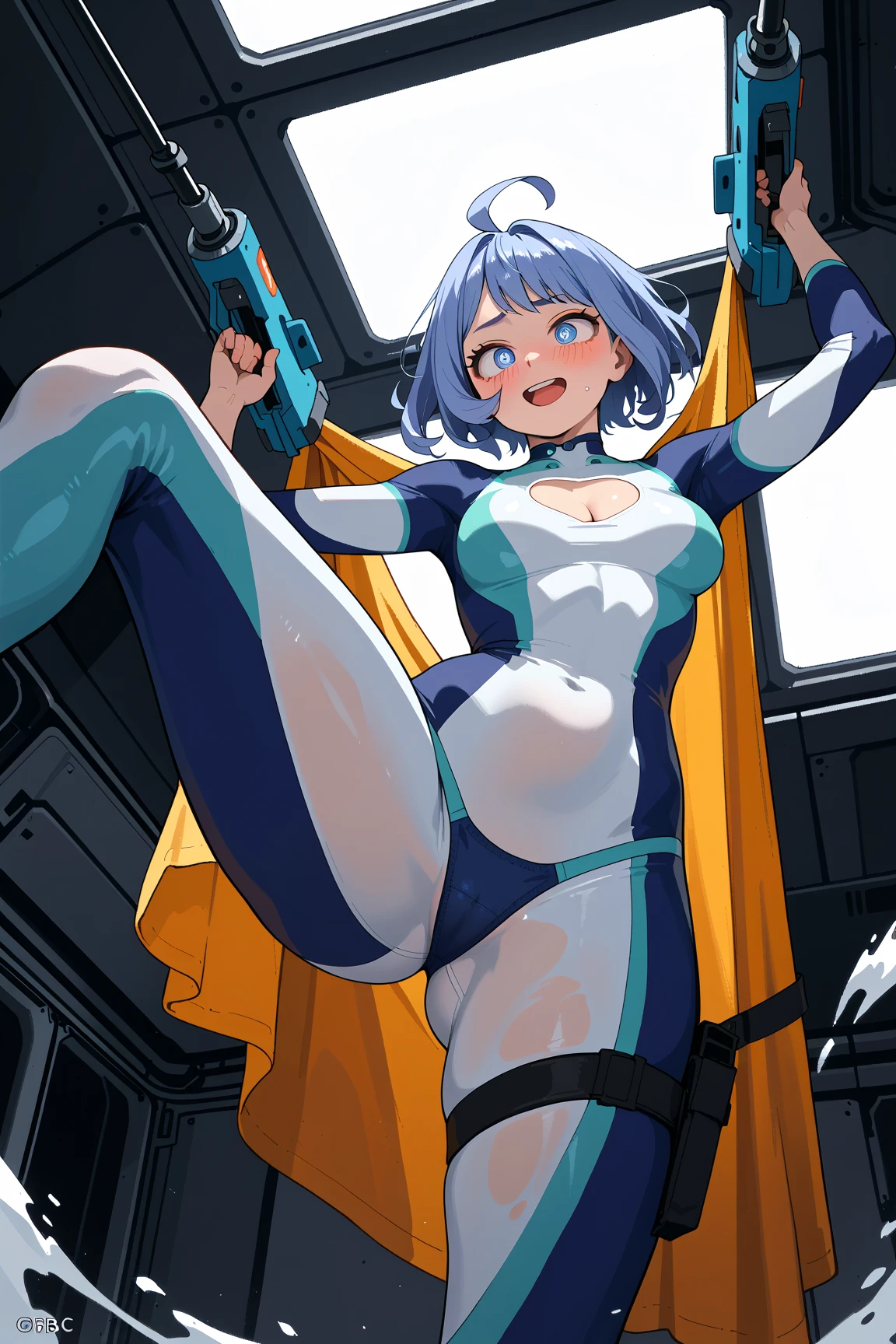 (((masterpiece、Top image quality、top-quality、highly detailed unity 8kwall-paper)))、((Illustration of one girl))、(pilot)、(((blue silver short hair)))、Red eyes、((Tall))、(((Muscle Girl、Muscular and strong body、abdominals、muscular and thick arms、muscular and thick legs、stocky build、muscular legs、broad shoulders))))、(((白いpilotスーツ)))、((manspreading、Sitting in the cockpit))、((space fighter cockpit、The Universe on the Monitor、Earth seen from space))