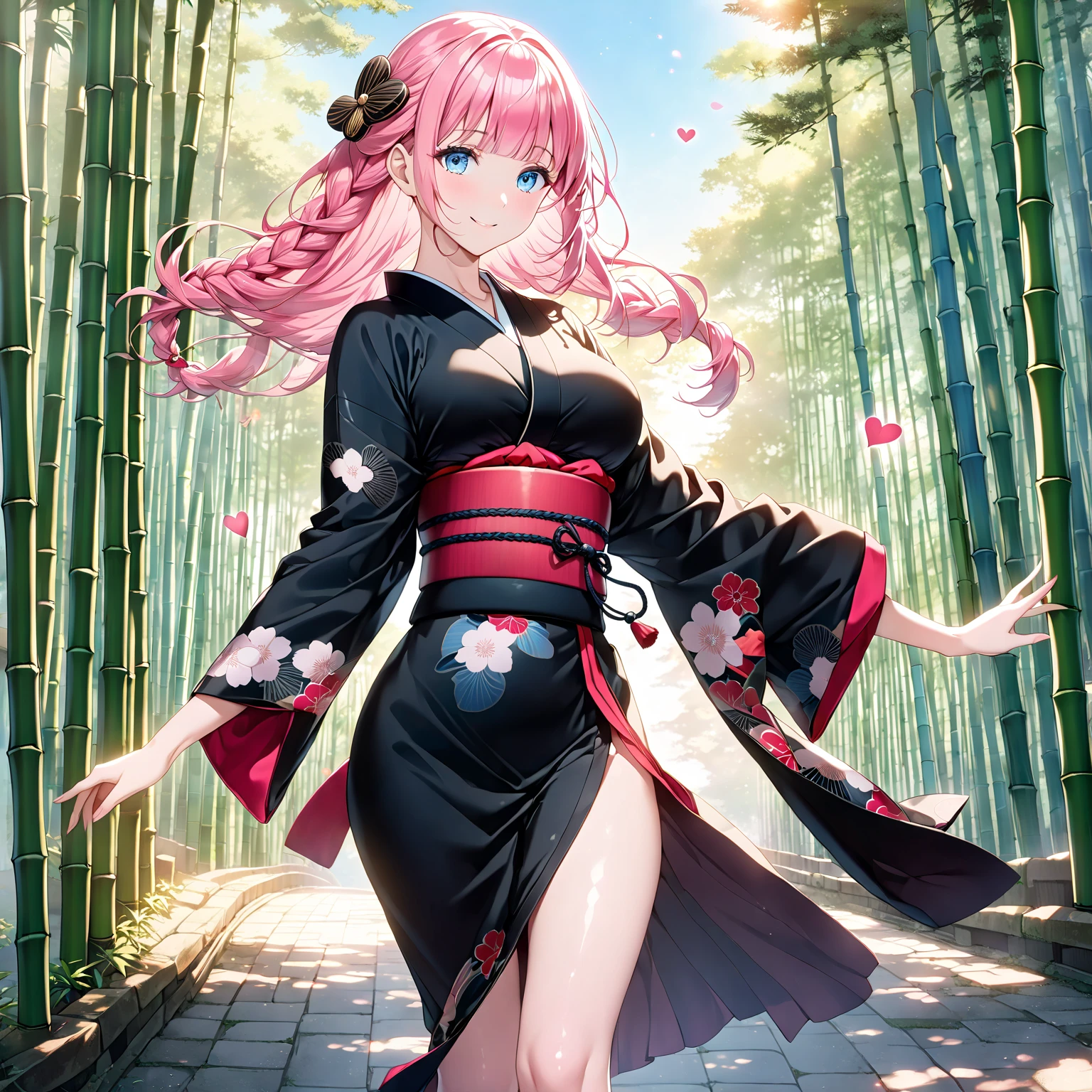 a girl in a sakura forest holding a katana, 1girl, beautyful, ultra detailed, kimetsu no yaiba, cute, solo, fullbody, good anatomy, standing, katana, beautyful body, sakura forest, beautyful legs, beautyful face, high quality, anime, beautyful background, beautyful, kimono, masterpiece