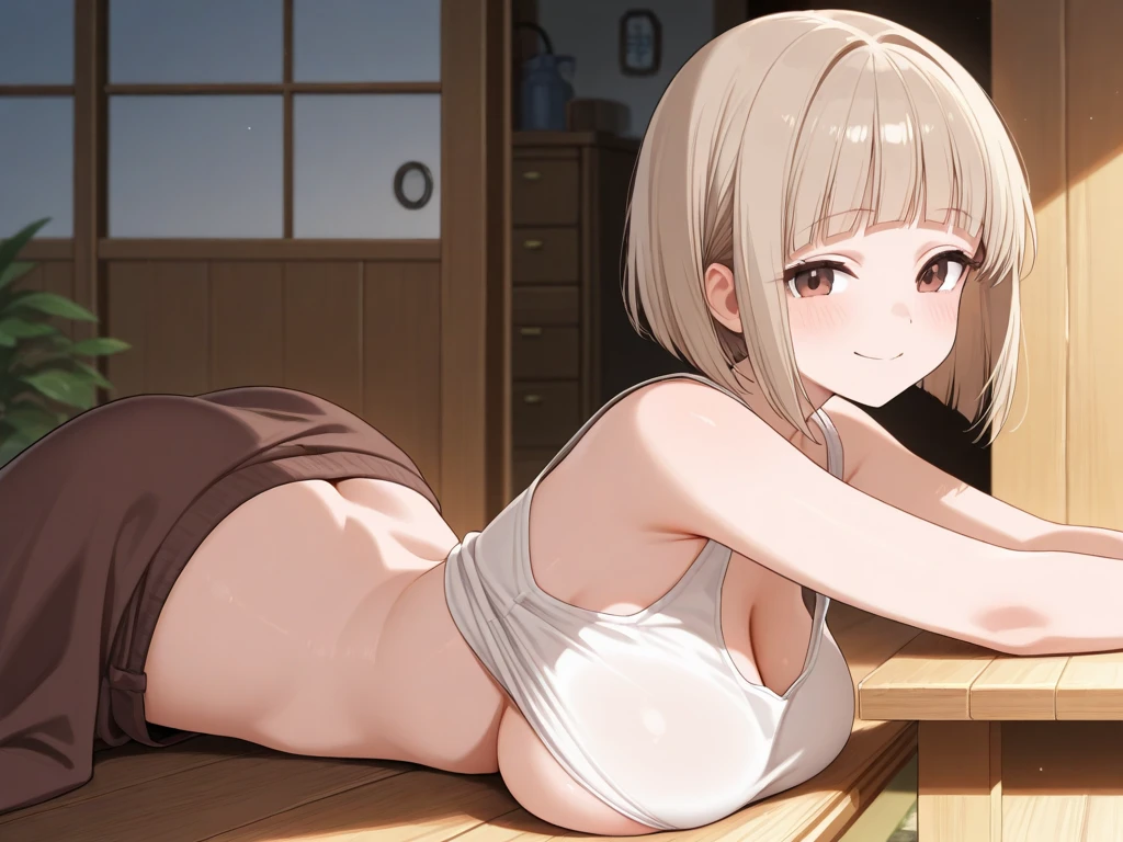 Highest image quality、High quality、girl、big breasts、big 、Attractive Valley、valley、beautiful nipples, blush, Depth of bounds written, blurred background, Senzoku Nishikigi、blonde short bob、red eyes、naked,Nipples,share,全naked、Show your side、Place your arms behind your head、Raise your arms、Sweaty、Body soaked and ahegao、Feeling face 、Embarrassing、blush、Sitting on the bed、Spread your legs、at night、Sitting on the bed