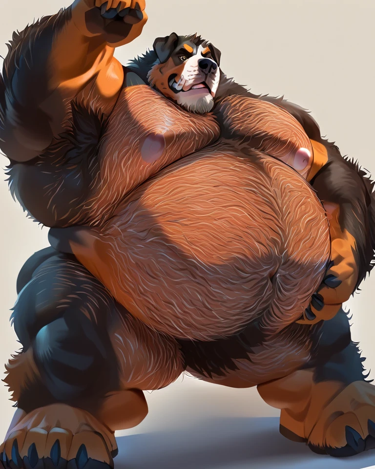 Anthro, male,canine, dog, pitbull:1.4, (grey fur:1.8),( cut ears:1.0), chubby:1.2, round belly, huge belly, bloated belly, overweight belly, huge body, wide and bulky body, thick furry neck and chest fluff, (middle-age), (fat musclegut:1.4, thick body:1.2), (yellow eyes:1.2), detailed black eyes,tail, detailed fluffy fur, (white background:1.6, looking at viewer:1.2, laying on the ground on its back, acting silly, acting like a happy dog, smiling expression with tongue out: 1.2, happy smile with: 1.2, friendly smile: 1.2, full body:1.2), ((intricate detail fluffy fur texture)), (by darkgem),(by OnePotatoATime),(by adios:1.2),(by taran fiddler),4k,masterpiece,full hd, BREAK