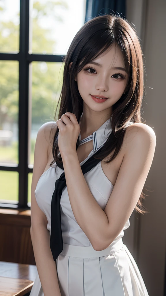 (超High resolution, masterpiece, Anatomically correct, Textured skin, Super Detail, Highest quality, High resolution, 8k, bloom, Front light), (Cute and sexy 18 year old schoolgirl, Sexy Face, Distant eyes, Gentle eyelids, Thin eyebrows, Gentle corner of the eye, Beautiful aquiline nose:1.4, It will totally charm you, Eyes that feel erotic, A taste of beautiful eroticism, Too cute beauty), (Brown Hair, Long Hair, Horizontal French Twist Hair:1.4, bangs), (Gal Makeup, eyeliner, Lip gloss), (Mid-chest, Slim proportions), (Looking into the camera, Photographed from the front:1.3, close), (Sleeveless sailor suit), (School, School room, Near large windows,Random Sexy Poses,whole body,sit,Spread your legs), (smile:1.2)