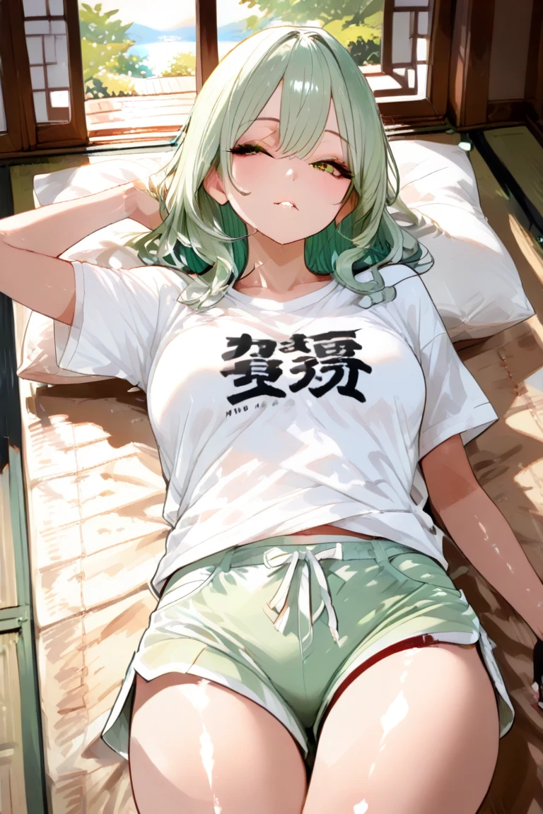 index, index, (green eyes:1.5), silver hair, long hair, (flat chest:1.2),Cat ear,cat tail,happy smile, smile, open your mouth,T-shirt with a bare cat print, oversized tシャツ, oversized t-shirt,black string underwear, barefoot,barefoot,arm behind head, Sitting on the bed,morning,morning日,the sun is rising,
break looking at viewer, Upper body, whole body,
break indoors, Bedroom,
break (masterpiece:1.2), highest quality, High resolution, unity 8k wallpaper, (figure:0.8), (beautiful deしっぽed eyes:1.6), extremely deしっぽed face, perfect lighting, extremely deしっぽed CG, (perfect hands, perfect ???????),