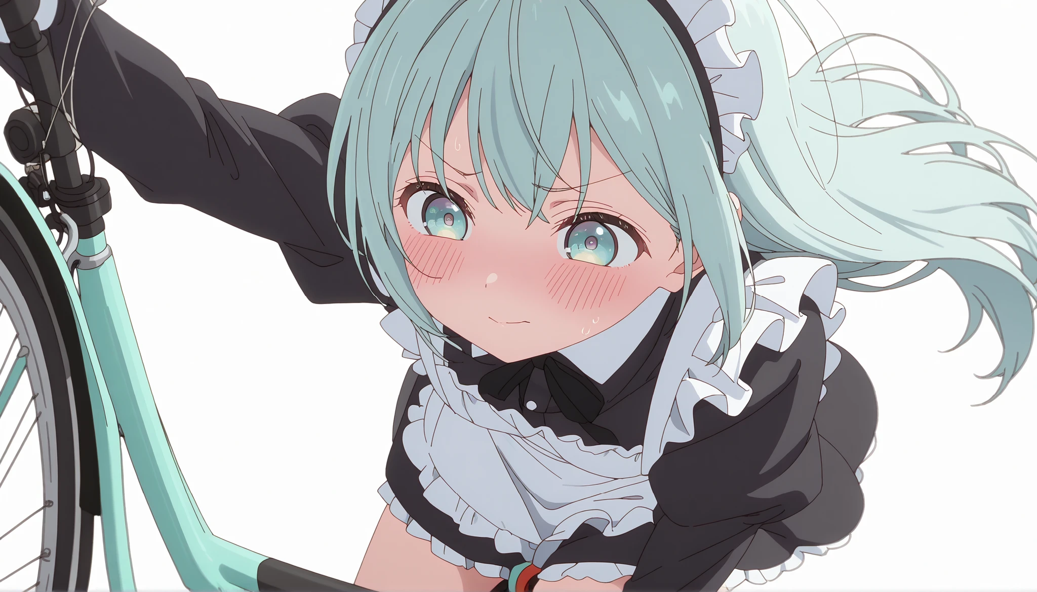 ultra high definition, simple white background, cute girl , light Aqua hair ,straight short haire, solo,maid,riding a bicycle,covering their crotch,blushing