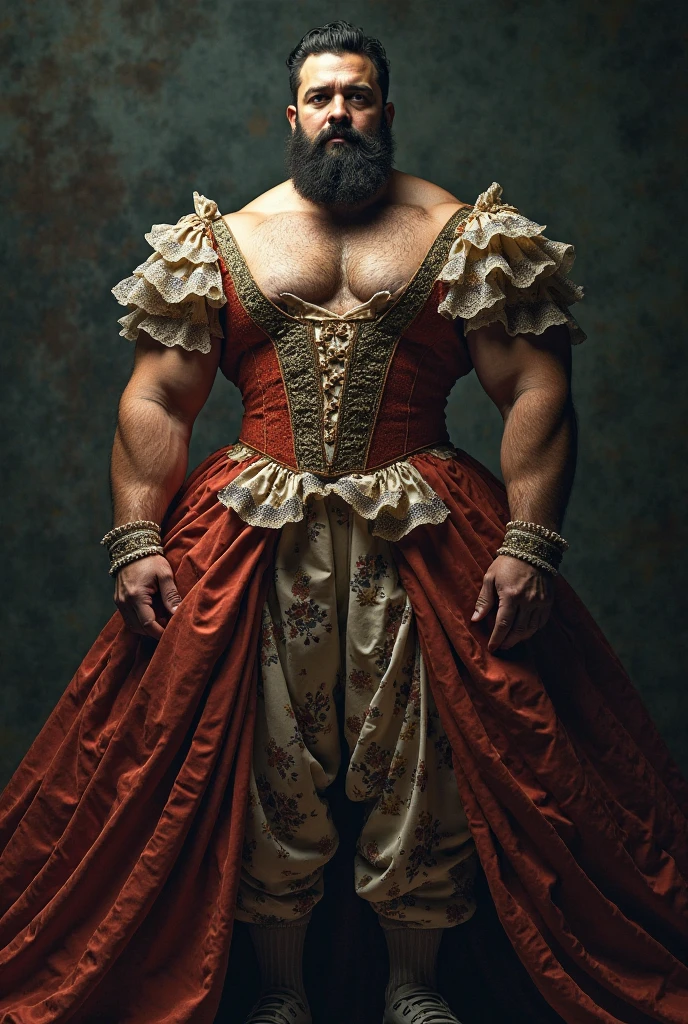  Hyperrealistic image of an elderly 19th century French Steampunk circus magician superhero with a naked torso, combed gray hair and huge handlebar mustaches A super heavy bodybuilder flexing his muscles A full body obese bodybuilder with a very sweaty body An extremely muscular and extremely fat man over 70 years old weighing over 600 pounds a very hairy muscular man with very large legs and sagging pectorals large, dark nipples and gynecomastia on the floor of a steampunk circus with red velvet curtains and golden fringes dressed in red velvet slipper pants and a large turban with many jewels on the head  