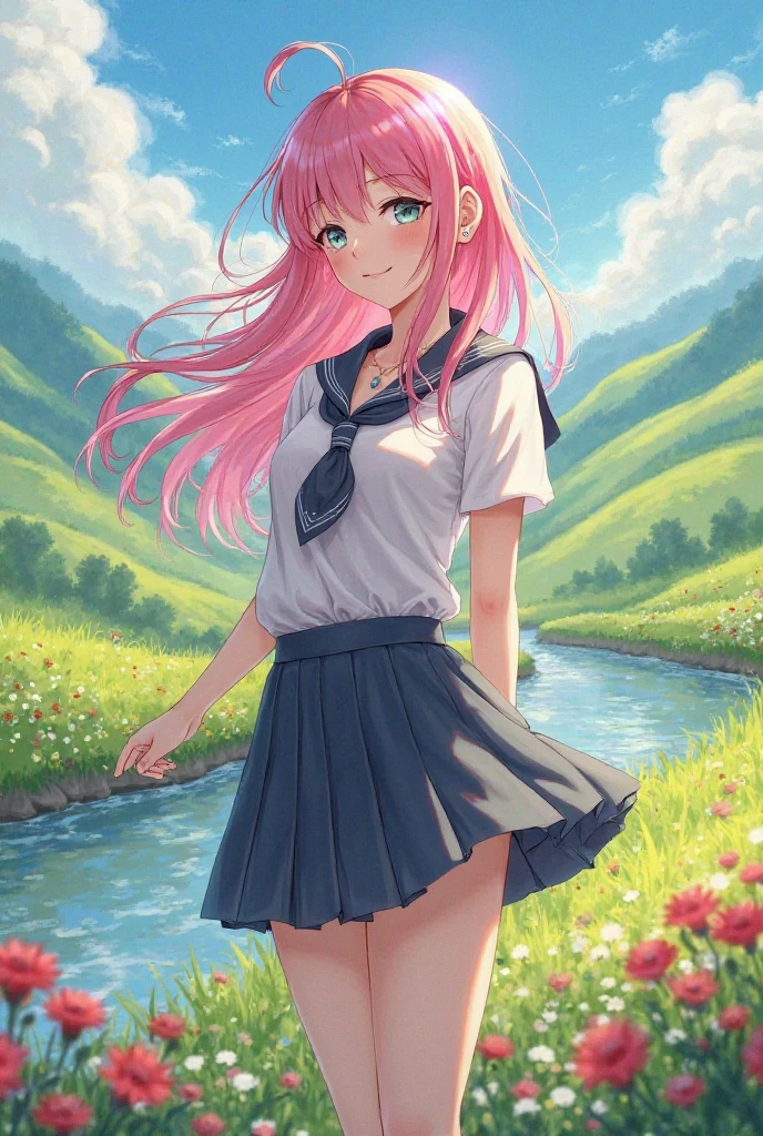 ((masterpiece, Highest)), (One girl), Light pink hair, long、Wave、Summer mini skirt、No underwear、Blue Eyes、The landscape is a botanical garden、Loose water、
