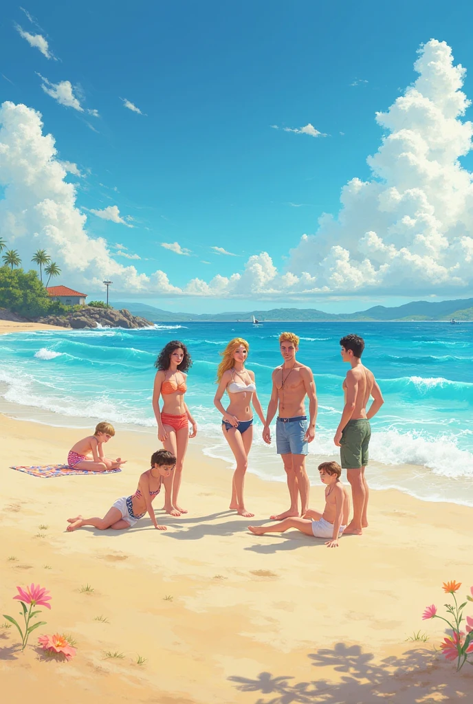 One boy hugging three beautiful girls tackling him and touching him,  dressed in  on the beach, perfect bodies, women: short hair, seductive, materials, golden hour, , jewelry, golden hour, photorealistic, masterpiece, in love, grins, perfect faces, Flirtatious, setting: a beach, harem, watercolor, on blanket