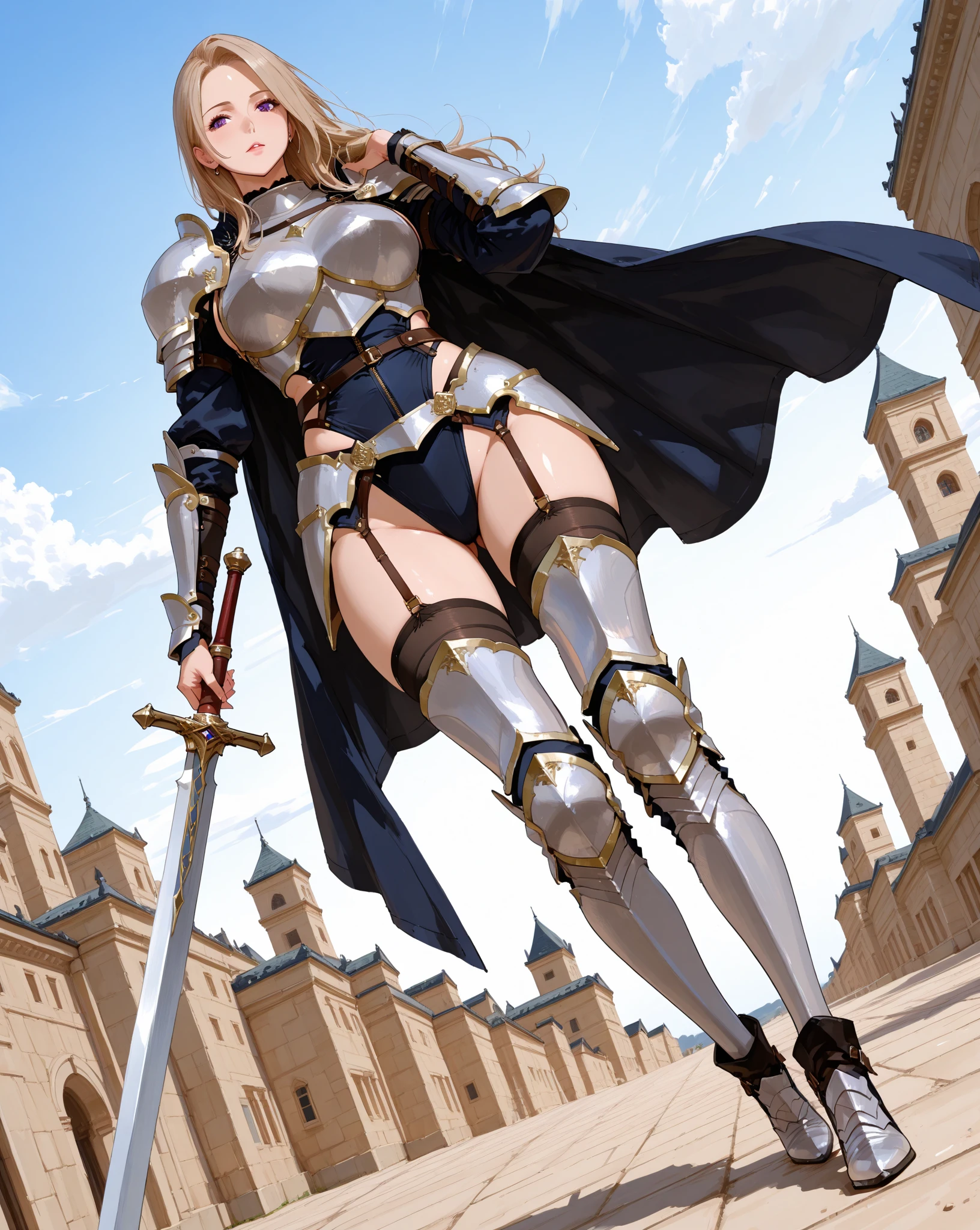 celia\(walkure\), celia\(armor\),1girl, mature female, solo,
blue eyes,
black thighhighs, high heels, cameltoe, armpits, armor, breastplate,
outdoors,
best quality, highest quality, ultra-detailed, masterpiece, illustration:1.5, ultra detailed background,
<lora:celia_walkure-000018:0.7>