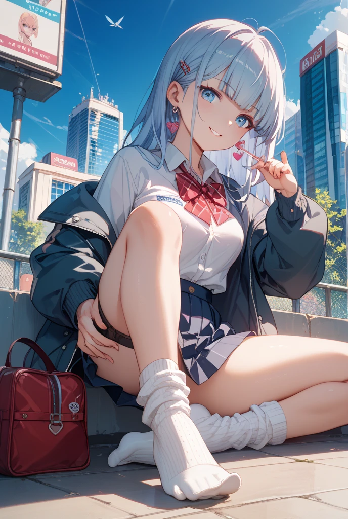最high quality、Best image quality、masterpiece、girl((18-year-old、 By becoming、Best Bust、Medium Bust,Wide open breast tea、Red glowing eyes,Silver Hair、Disheveled Hair、Long Hair、thin,The highest valley、Open chest、White wristband、smile、hair ornamentany accessories、Black hoodie(1:2)、Blue short skirt、Angle from directly above、Disheveled clothing、Show the whole body,)),high quality、Beautiful art、background((town))、Flight、Flying debris、Written boundary depth、movie、Visual Arts、Perfect art、8K,Genuine、