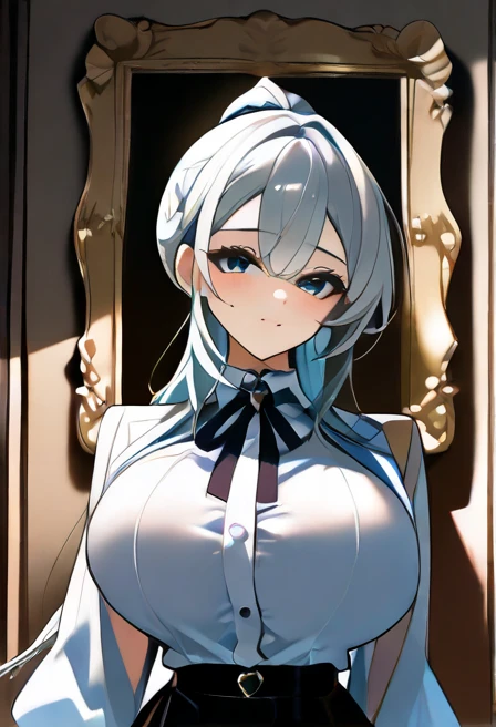 Beautiful girl with a symmetrical face is with a perfect body, big tits, dressed in a Venus miniskirt and a very short unbuttoned shirt with a very wide neckline, very thin clothes, clothes very light as air, all with details intricate, uncensored, see zonas erogenas, 90% nude