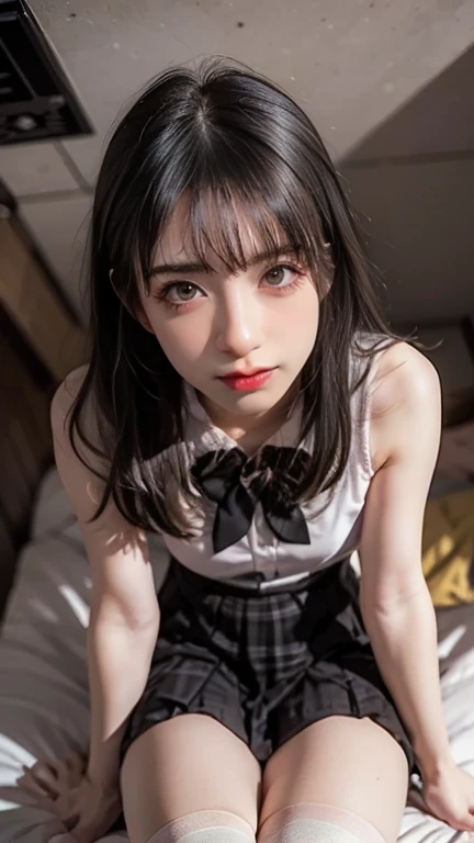 Heart-shaped pupils,(SFW), (masterpiece:1.2), Highest quality, masterpiece, High resolution, original, Highly detailed wallpaper, (Super detailed), (Best illustrations), (Best Shadow), (Kobeni), Big Breasts, Firm breasts, (White collared shirt), (Bloodstain:1.1), (fear:1.2), (Black tie), (Shirt stain), (Dirty), One girl, View your viewers, (Scared:1.2), (tears:1.1), (Brown eyes), (peace sign), Heart-shaped pupils,((Natural big breasts:1.6))