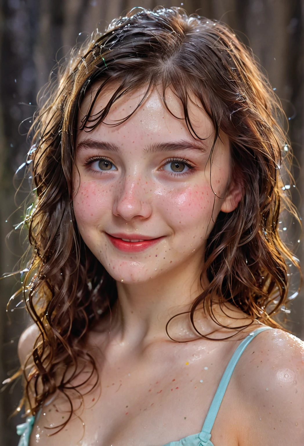 a cute wet girl in the shower, smiling, in love, detailed face, beautiful eyes, long eyelashes, detailed lips, perfect skin, wavy wet hair, steam, soap bubbles, warm lighting, pastel colors, cinematic, photorealistic, 8k, hyper detailed