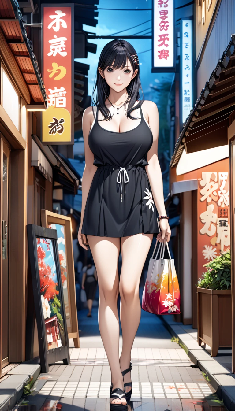 (masterpiece),(intricate details),1girl,mature female,Shaggy cut,,smile,pale skin,huge breasts,brown eyes BREAK micro bikini BREAK night,sunset,dusk,((cumulonimbus)),((standing,:o on the anywhere)),iridescent colors of Thailand's Floating Market, where vibrant fruits, vegetables, and flowers fill the bustling canals,((full body)),from above:1.3,depth of field,looking at viewer,