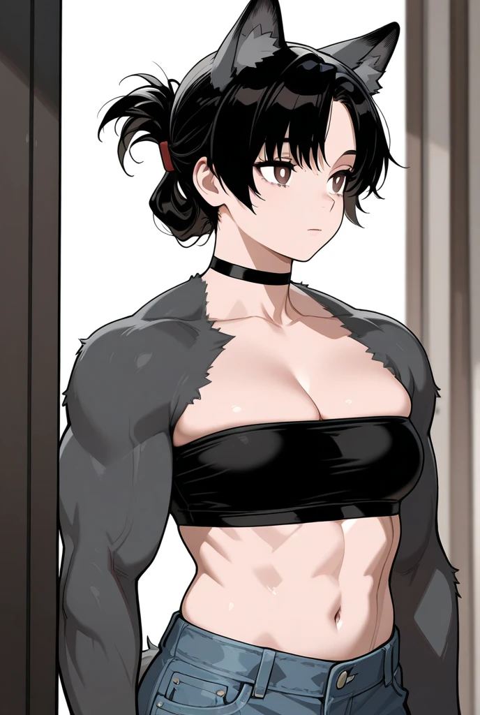 1 girl, (masterpiece), best quality, expressive eyes, perfect face, brown short hair, red eyes, muscular, scar on the right cheek, big , black sleeveless shirt, warrior pants, black boots