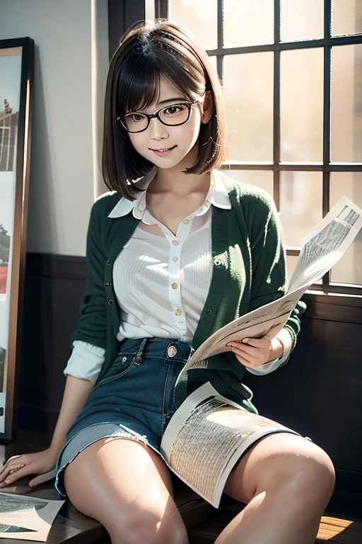 1girl, solo, reading a book, cute, laying on a couch, wearing a sweater, underwear, redhead, wearing glasses, freckles, young girl, 20 years old, rendered, semi-realistic, safe for work, thick